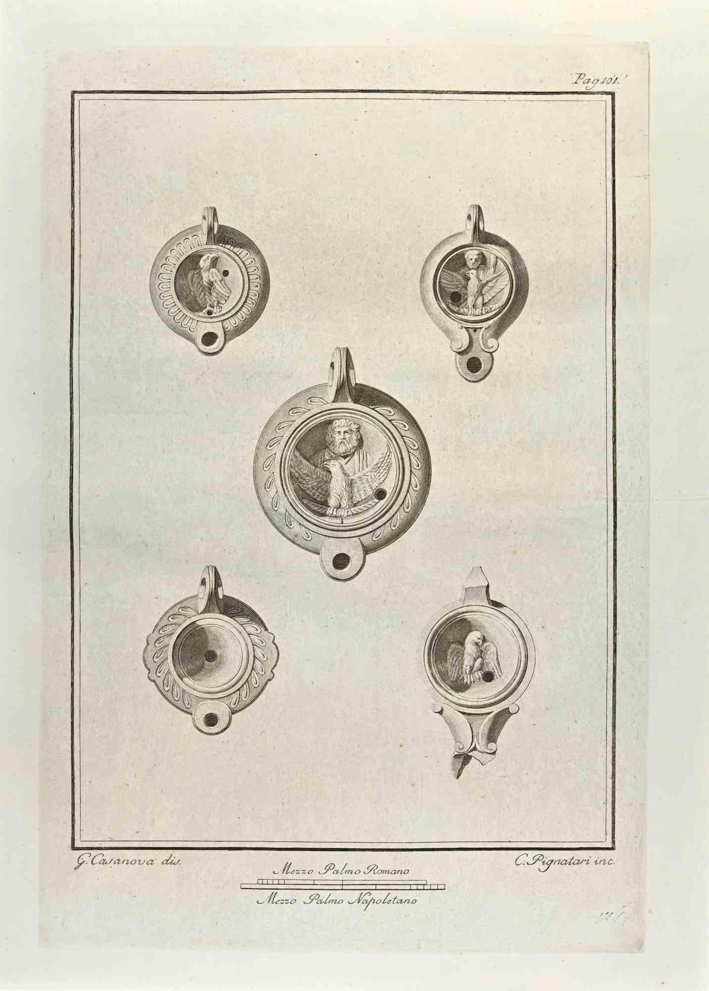 Jupiter und Heiliger Adler Ein  Die Öllampe aus den "Altertümern von Herculaneum" ist eine Radierung auf Papier von Carlo Pignatari aus dem 18. Jahrhundert.

Signiert auf der Platte.

Gute Bedingungen.

Die Radierung gehört zu der Druckserie
