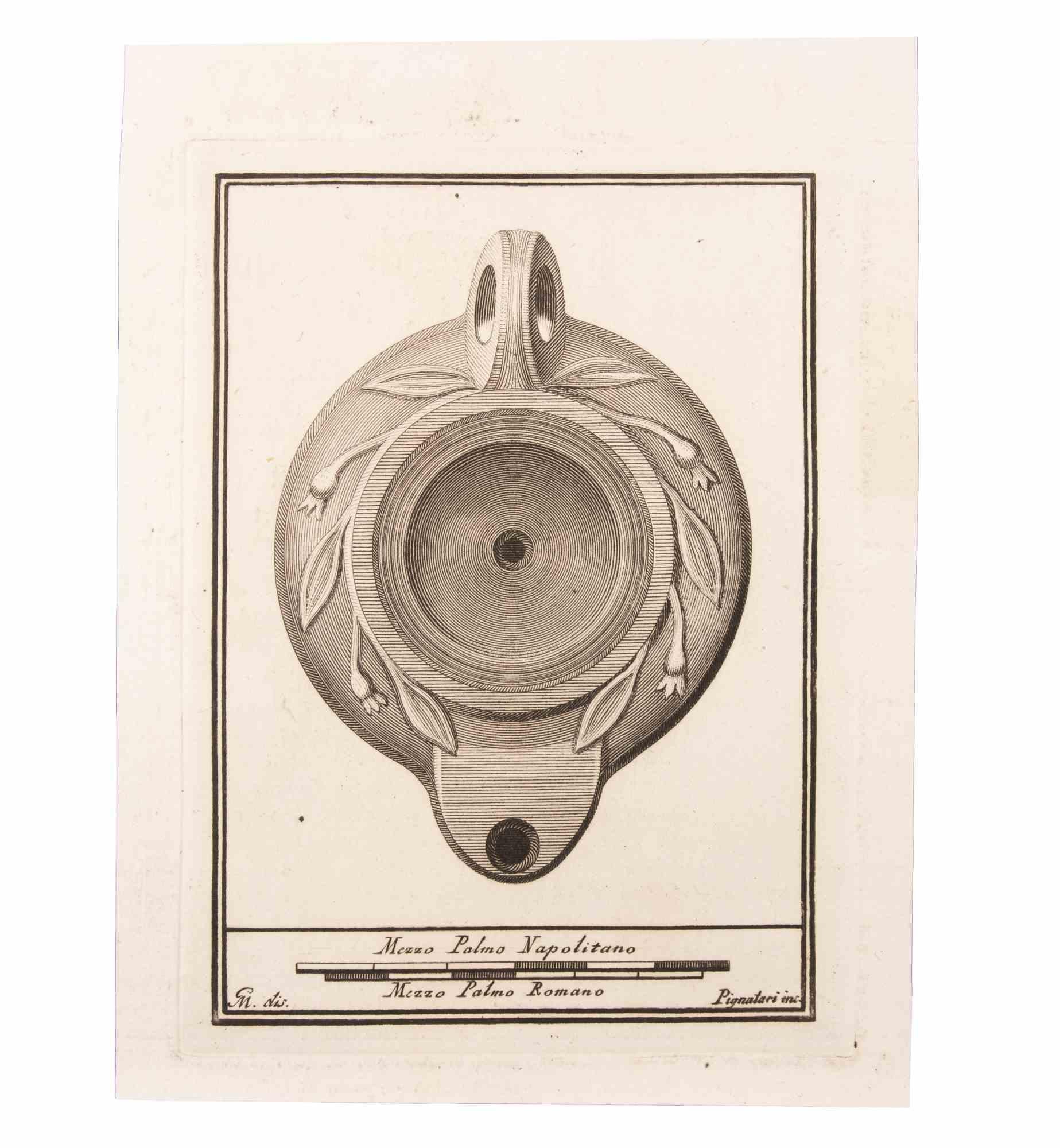 Lampe à huile avec décoration est une gravure réalisée par Carlo Pignatari (18ème siècle).

La gravure appartient à la suite d'estampes "Antiquités d'Herculanum exposées" (titre original : "Le Antichità di Ercolano Esposte"), un volume de huit