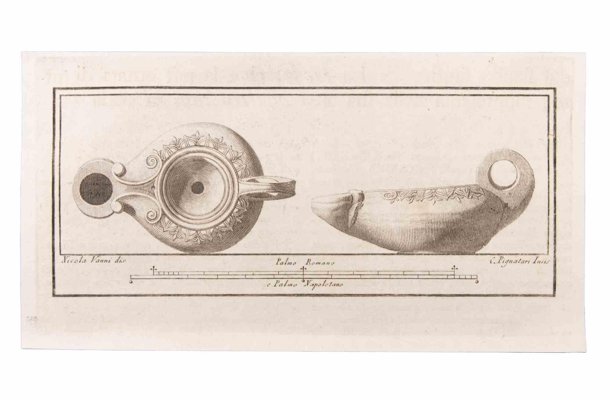 Oil Lamp With Decoration is an Etching realized by Carlo Pignatari (18th century).

The etching belongs to the print suite “Antiquities of Herculaneum Exposed” (original title: “Le Antichità di Ercolano Esposte”), an eight-volume volume of