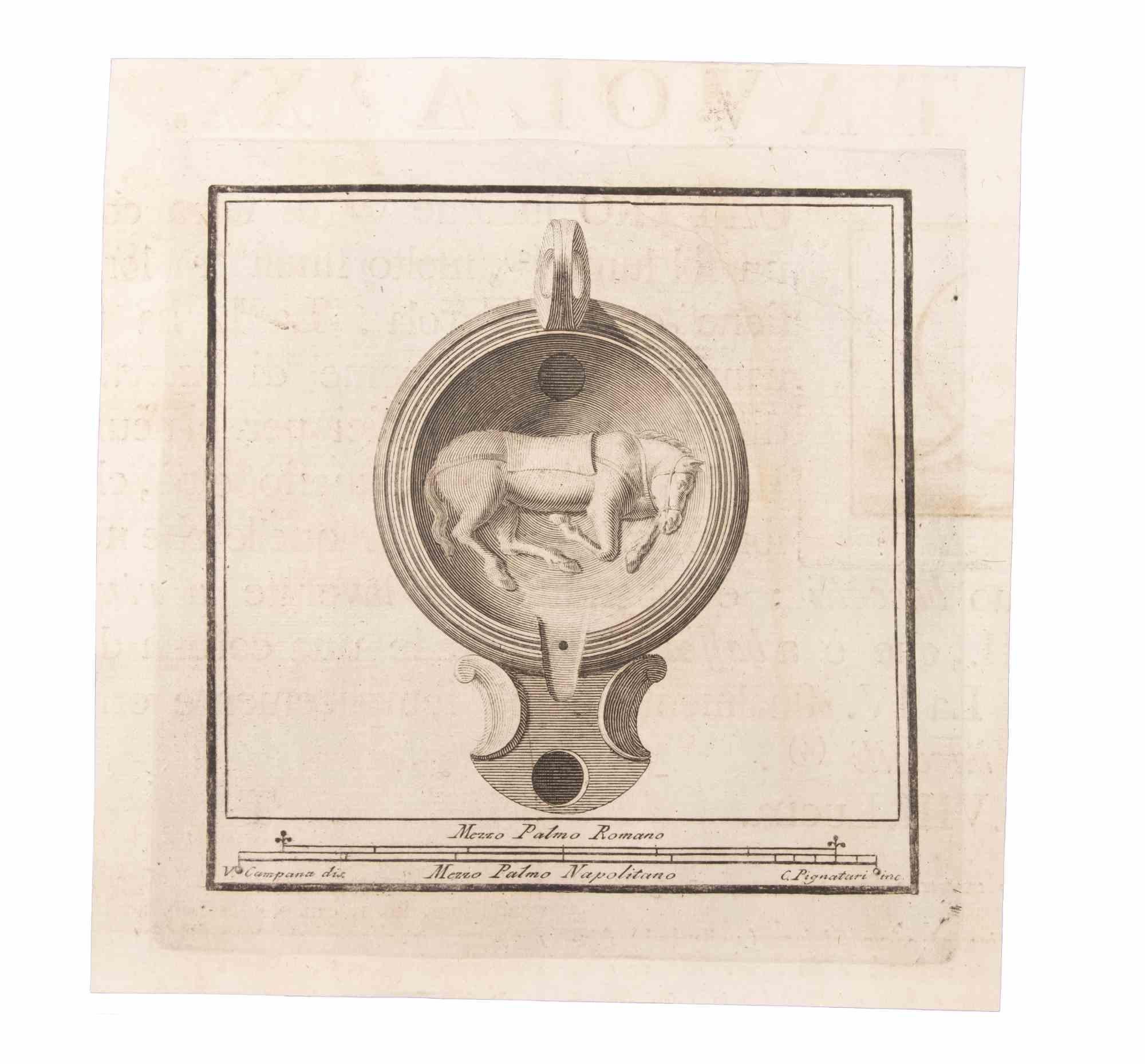Oil Lamp With Horse is an Etching realized by Carlo Pignatari (18th century).

The etching belongs to the print suite “Antiquities of Herculaneum Exposed” (original title: “Le Antichità di Ercolano Esposte”), an eight-volume volume of engravings of