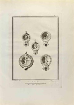 Oil Lamps  With Hermes God - Etching by Carlo Pignatari - 18th Century