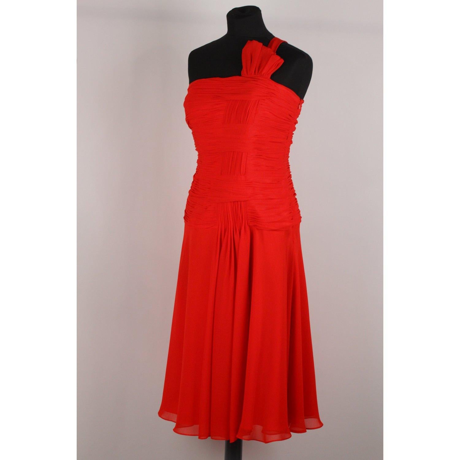 Carlo Pignatelli Red Chiffon One Shoulder Midi Dress Size 42 2