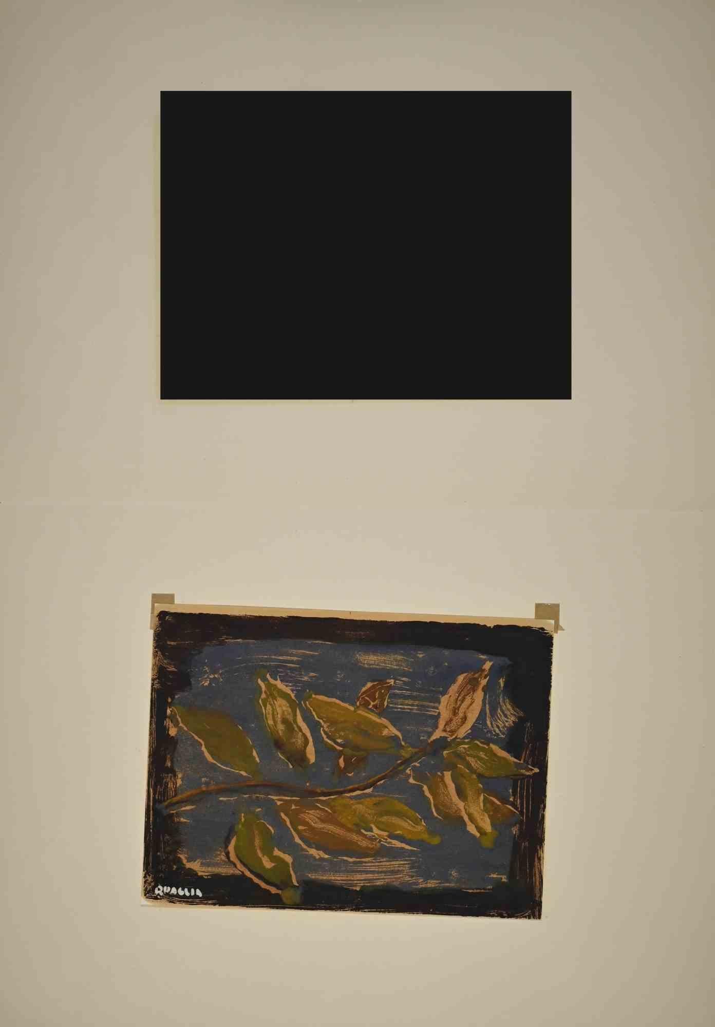 Hojas sobre fondo azul - Témpera de Carlo Quaglia - Años 70 en venta 1