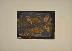 Feuilles sur fond bleu - Tempera de Carlo Quaglia - 1970