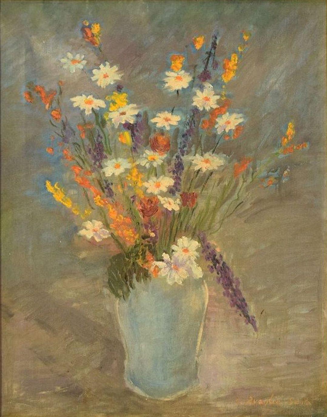 Carlo Quaglia Still-Life Painting - Still life with Flowers - Oil on Canvas by C. Quaglia -Mid 20th Century