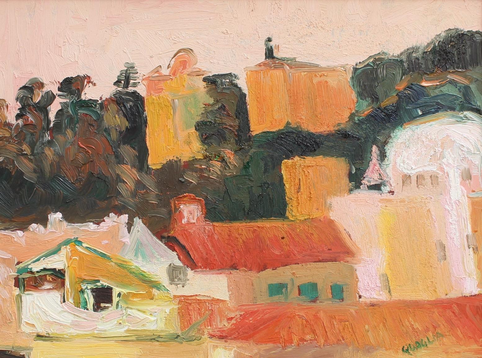 'Umbrian Hillside', (circa 1940s - 1950s), oil on board. Quaglia was born in Umbria and his home, a region of untouched landscapes, is the subject of many of his beautifully colourful paintings. At the heart of the boot, Umbria is the only Italian