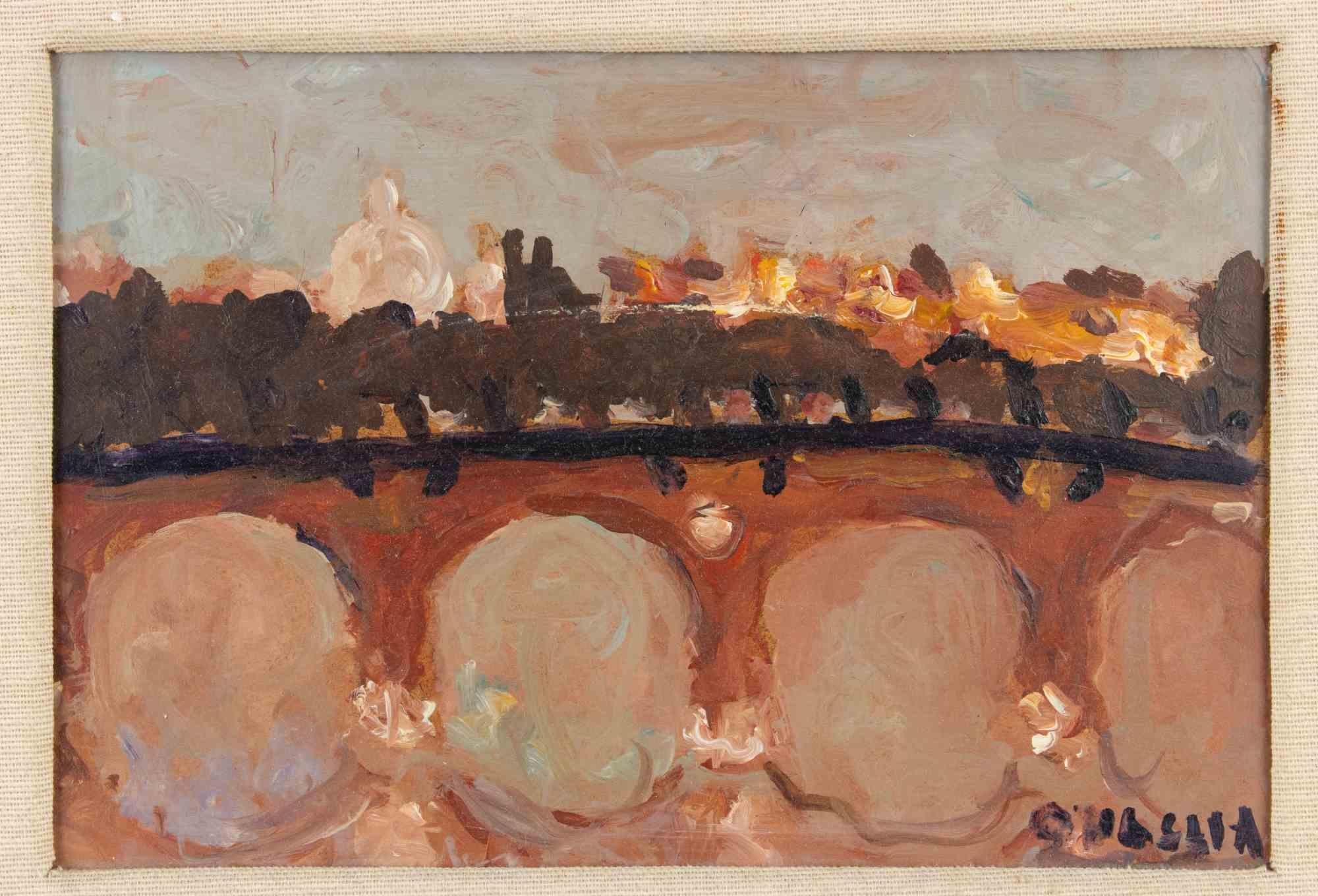 View of the Roman Countryside - Peinture à l'huile de Carlo Quaglia - Milieu du 20e siècle en vente 1