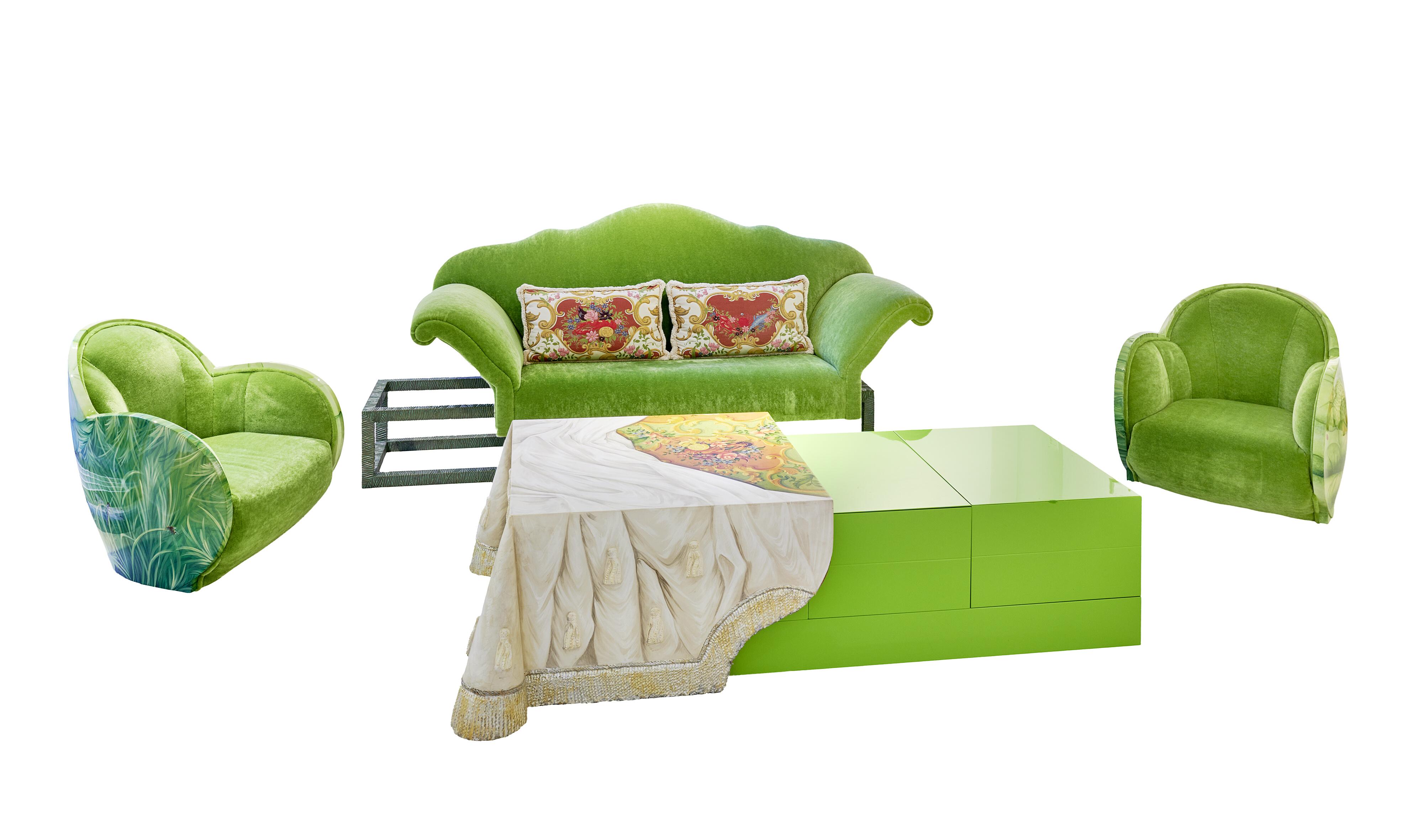 CARLO RAMPAZZI (b. 1949)
Seating Group
2007
Sofa covered in green mohair velvet, supported by a bronze structure slide; Armchairs with shell artisan decoration, with green Haute Couture velvet finishing, unique pieces; Armchair in modelled wood and