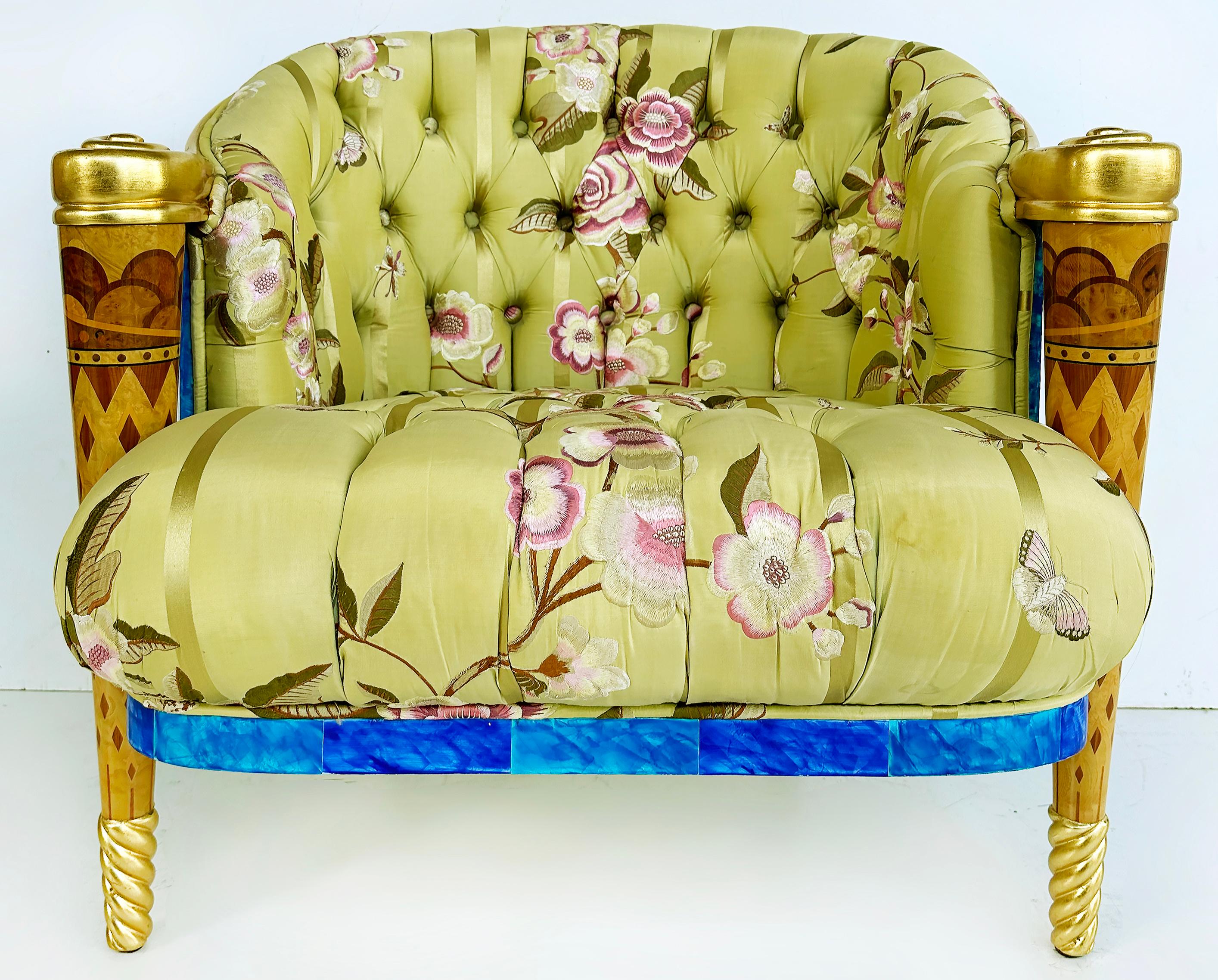 Sedia a intarsio Carlo Rampazzi Collezione Eclettica, Made in Italy 

In vendita c'è una sedia da club imbottita in legno intarsiato e legno dorato disegnata da Carlo Rampazzi della 