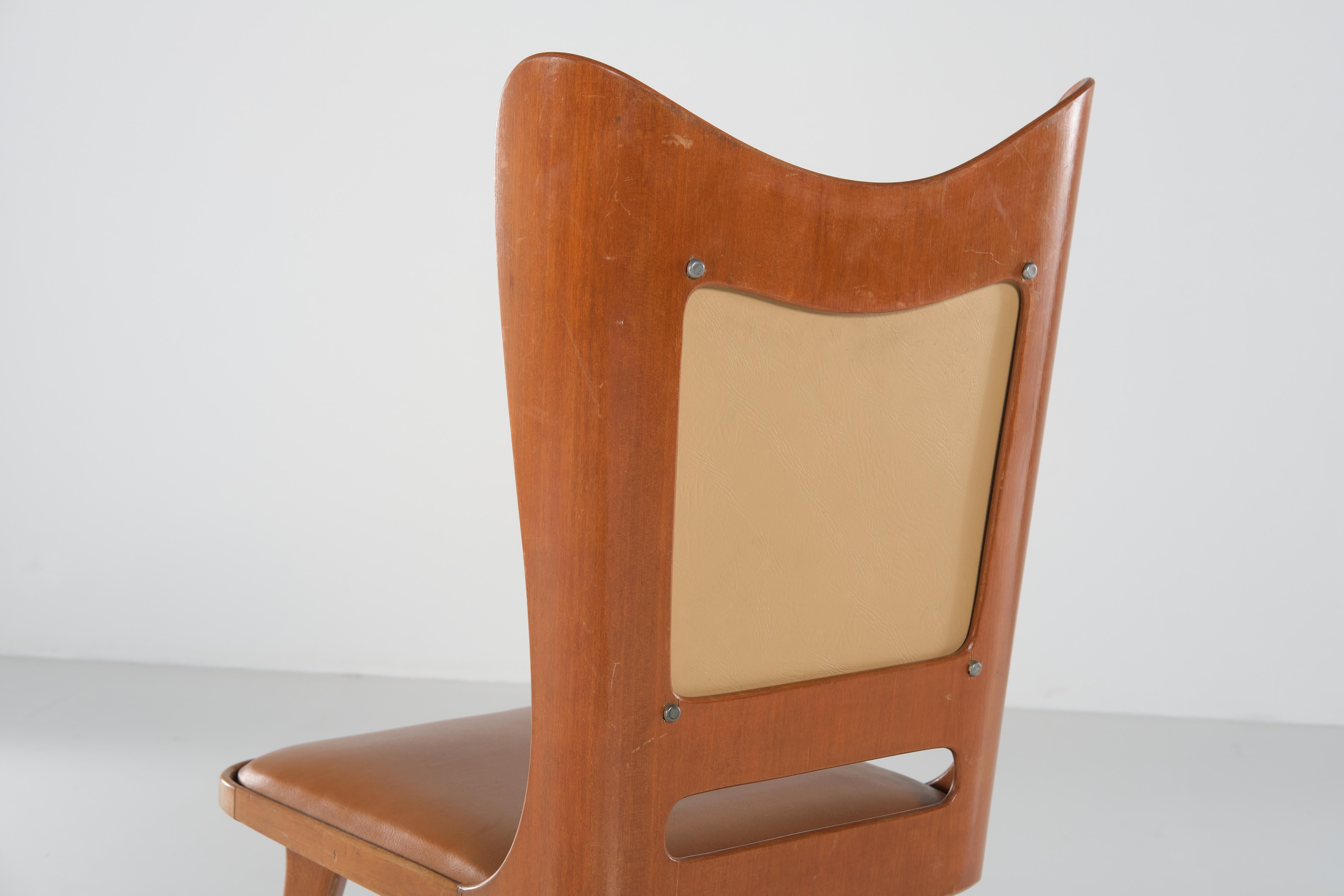 Carlo Ratti Set of 6 Chairs Wood Plywood and Faux Leather, Italian Design 1950s For Sale 4
