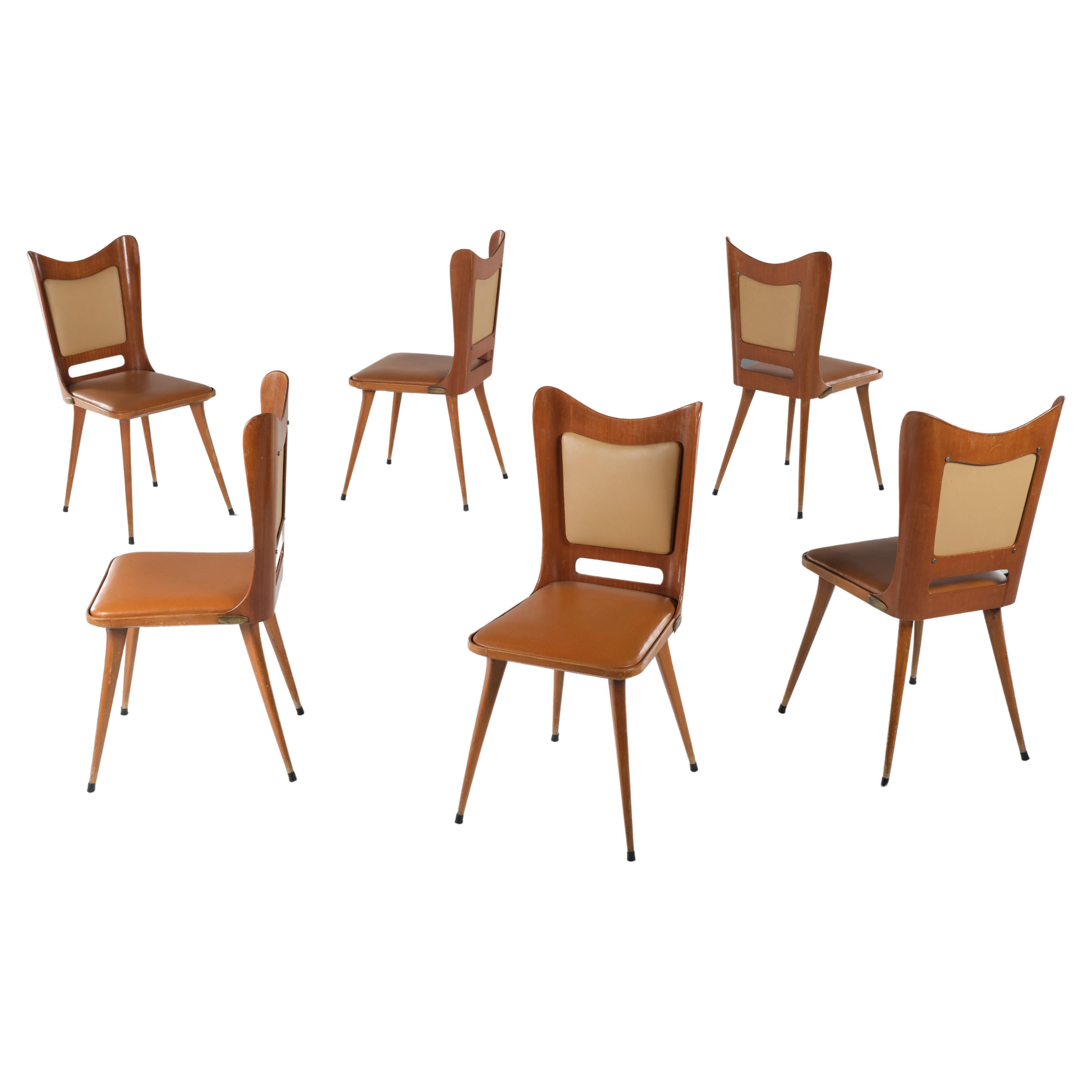 Carlo Ratti Set of 6 Chairs Wood Plywood and Faux Leather, Italian Design 1950s