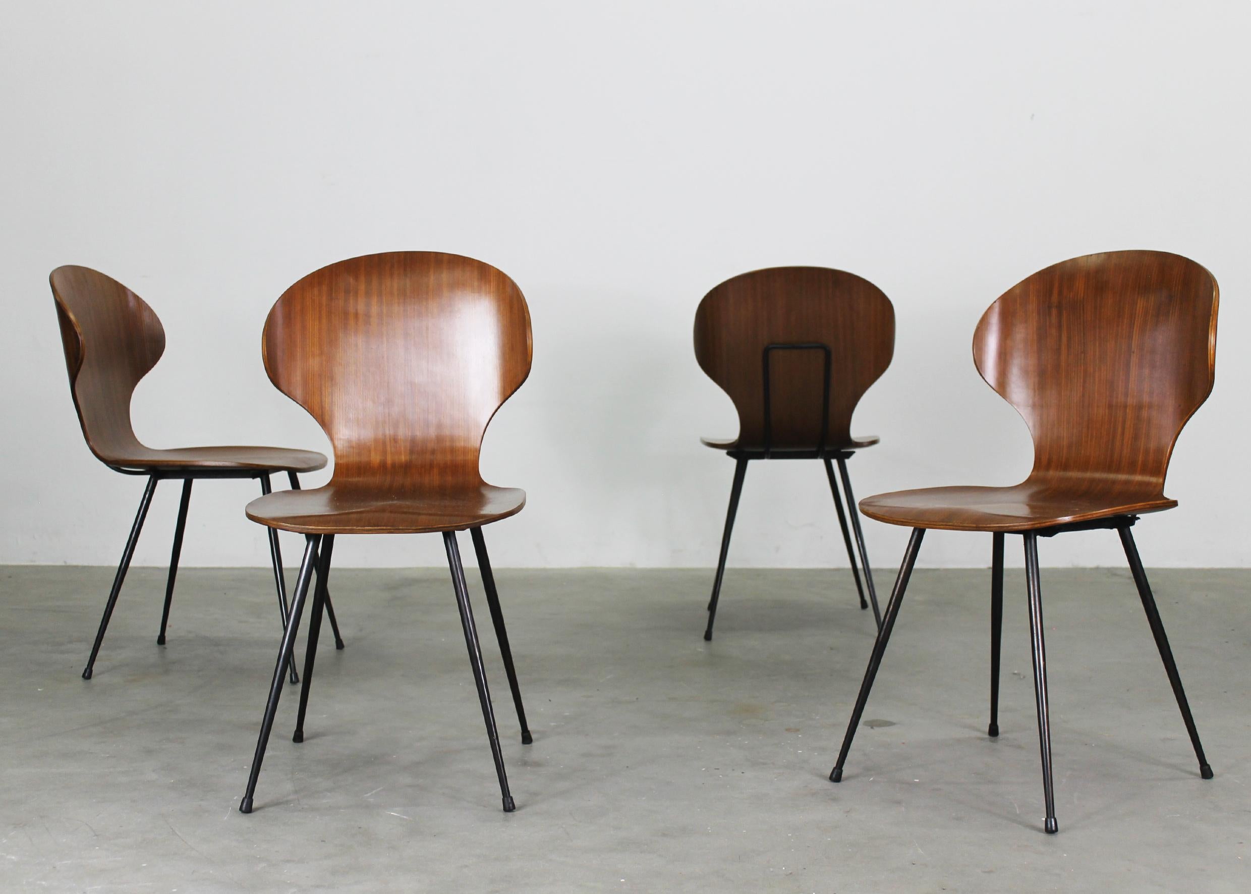 Carlo Ratti Juego de cuatro sillas de comedor Lulli de acero y madera by ILC Años 50 Italia en Bueno estado para la venta en Montecatini Terme, IT