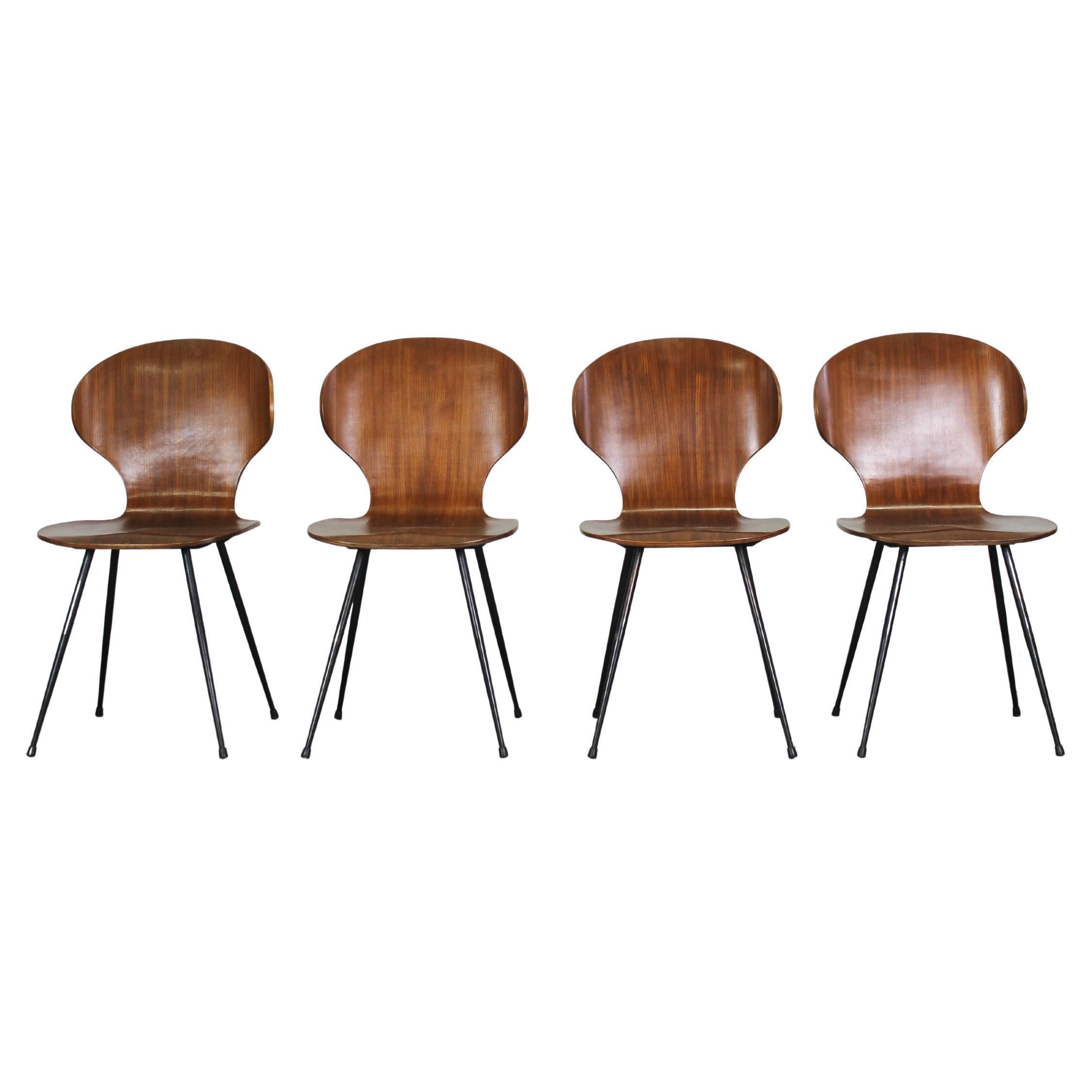 Carlo Ratti Set of Four Lulli Dining Chairs in Steel and Wood by ILC 1950s Italy For Sale