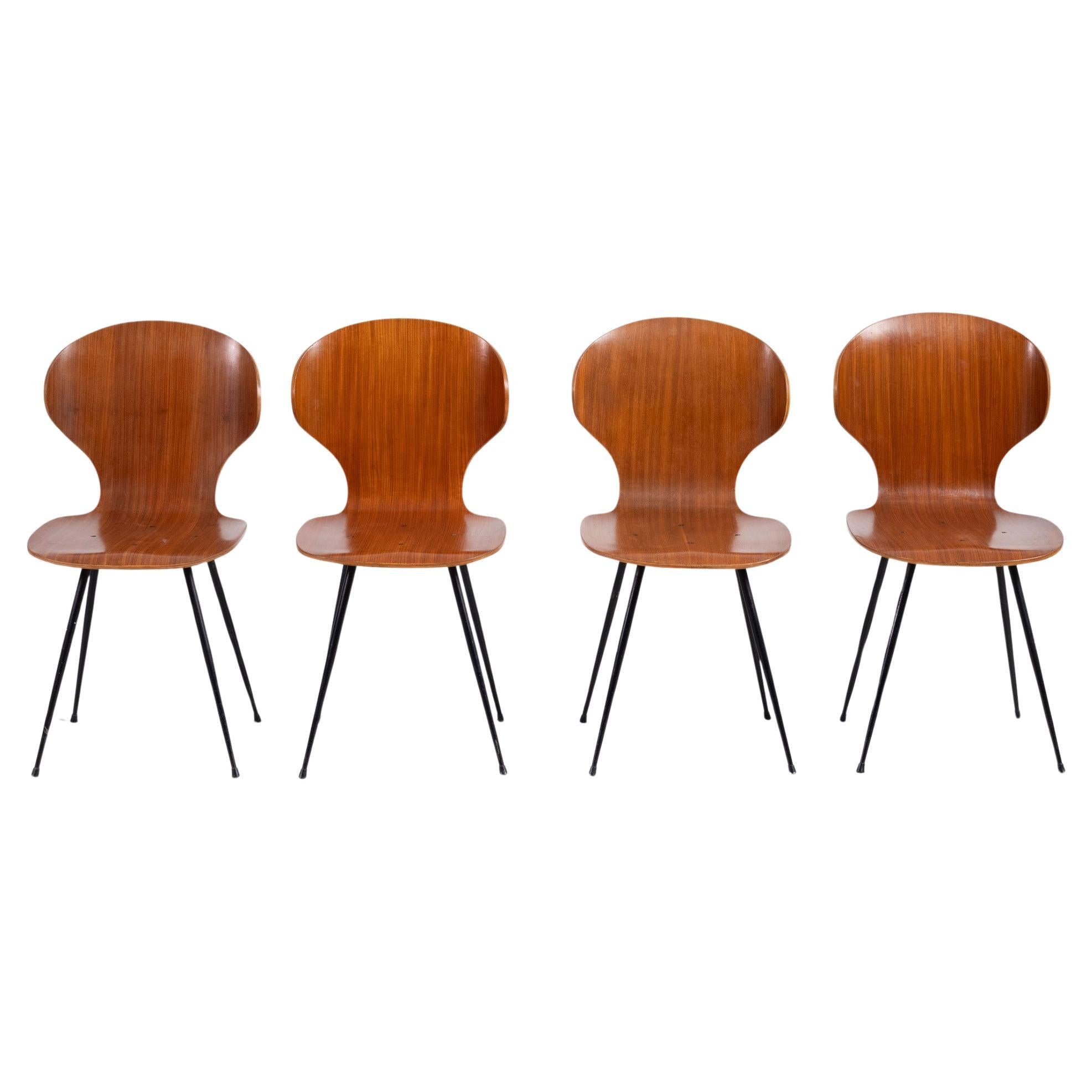 Carlo Ratti Set of Four Lulli Dining Chairs in Steel and Wood by ILC 1950s Italy For Sale
