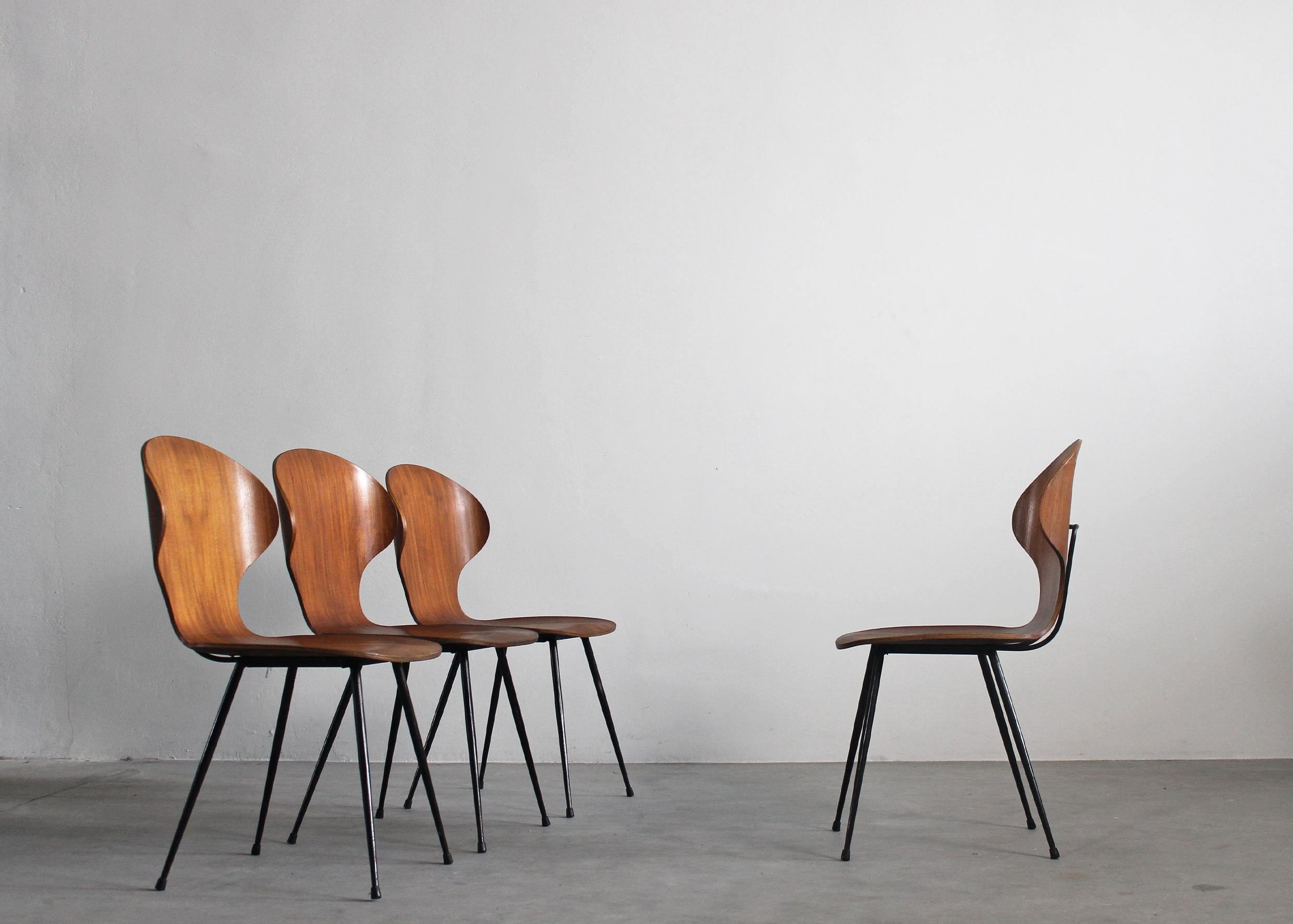 Mid-Century Modern Carlo Ratti Set of Four Lulli Dining Chairs in Steel and Wood by ILC 1950s Italy