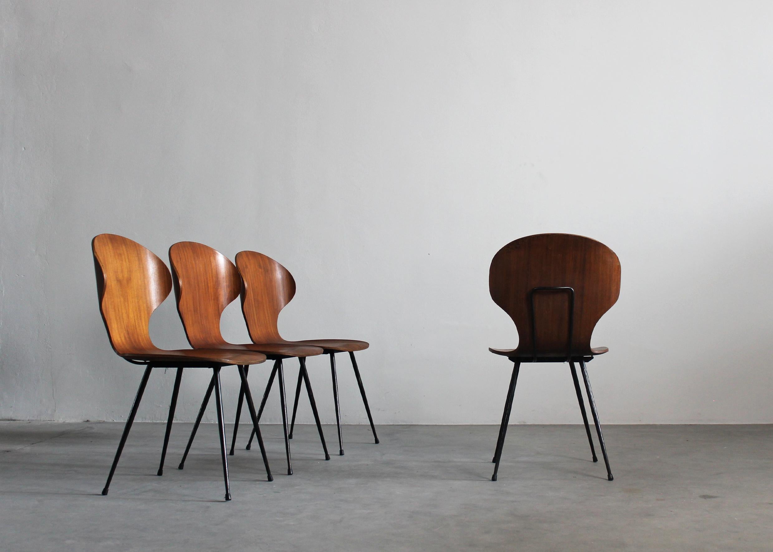 Italian Carlo Ratti Set of Four Lulli Dining Chairs in Steel and Wood by ILC 1950s Italy