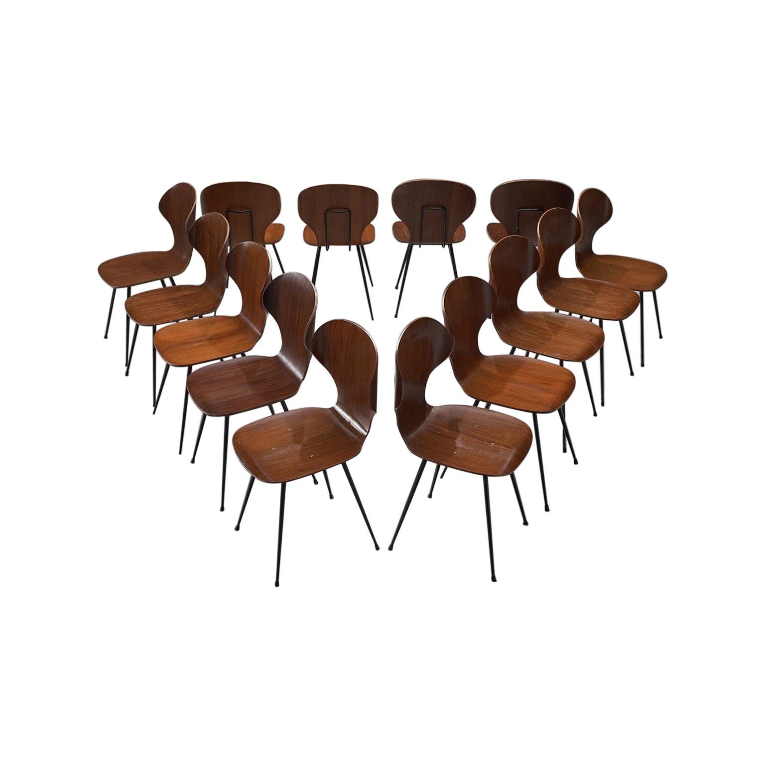 Carlo Ratti Set of Fourteen Dining Chairs of Plywood and Metal
