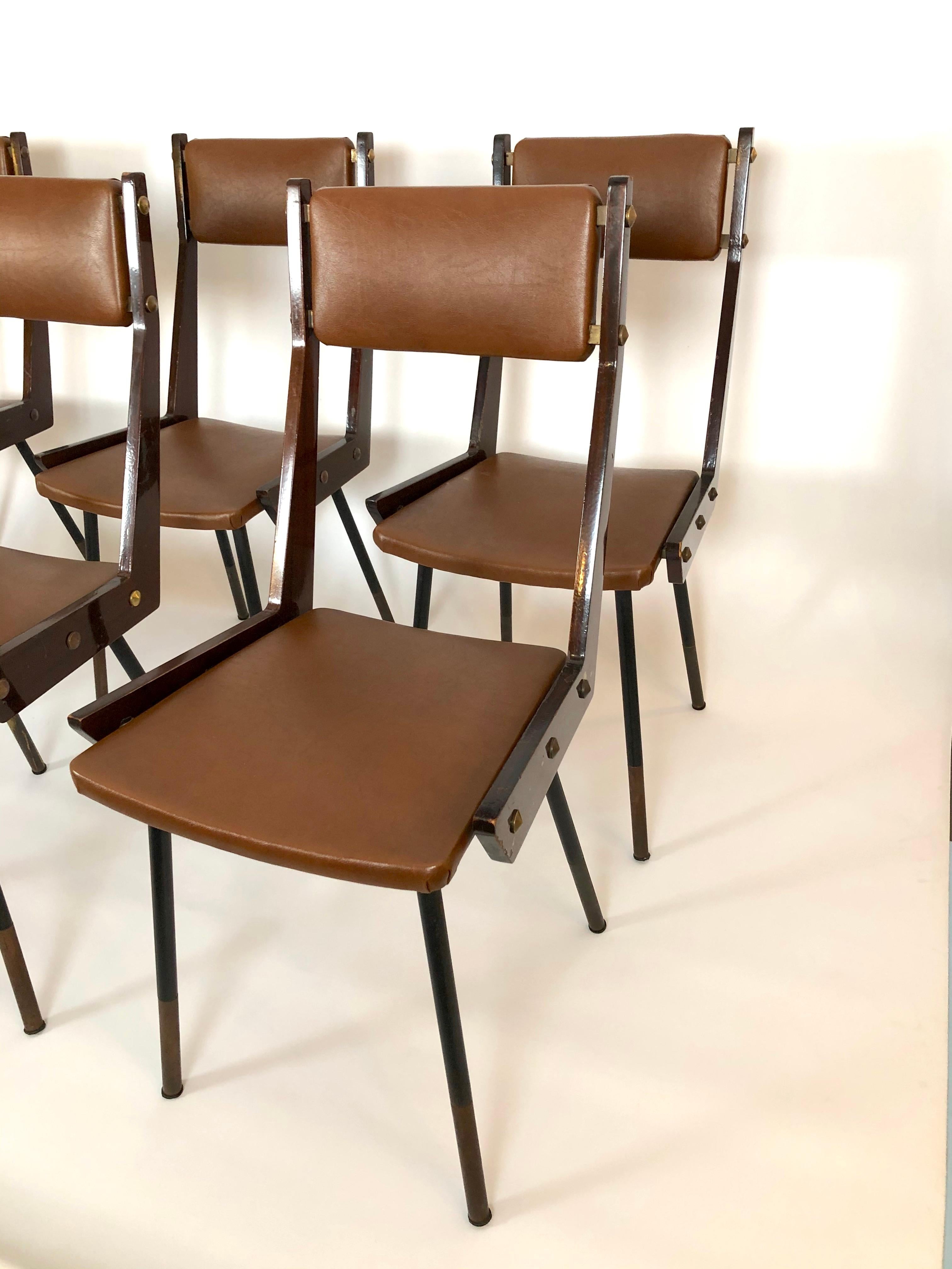 Italian Carlo Ratti, set of six wood and metal dining chairs from 50s