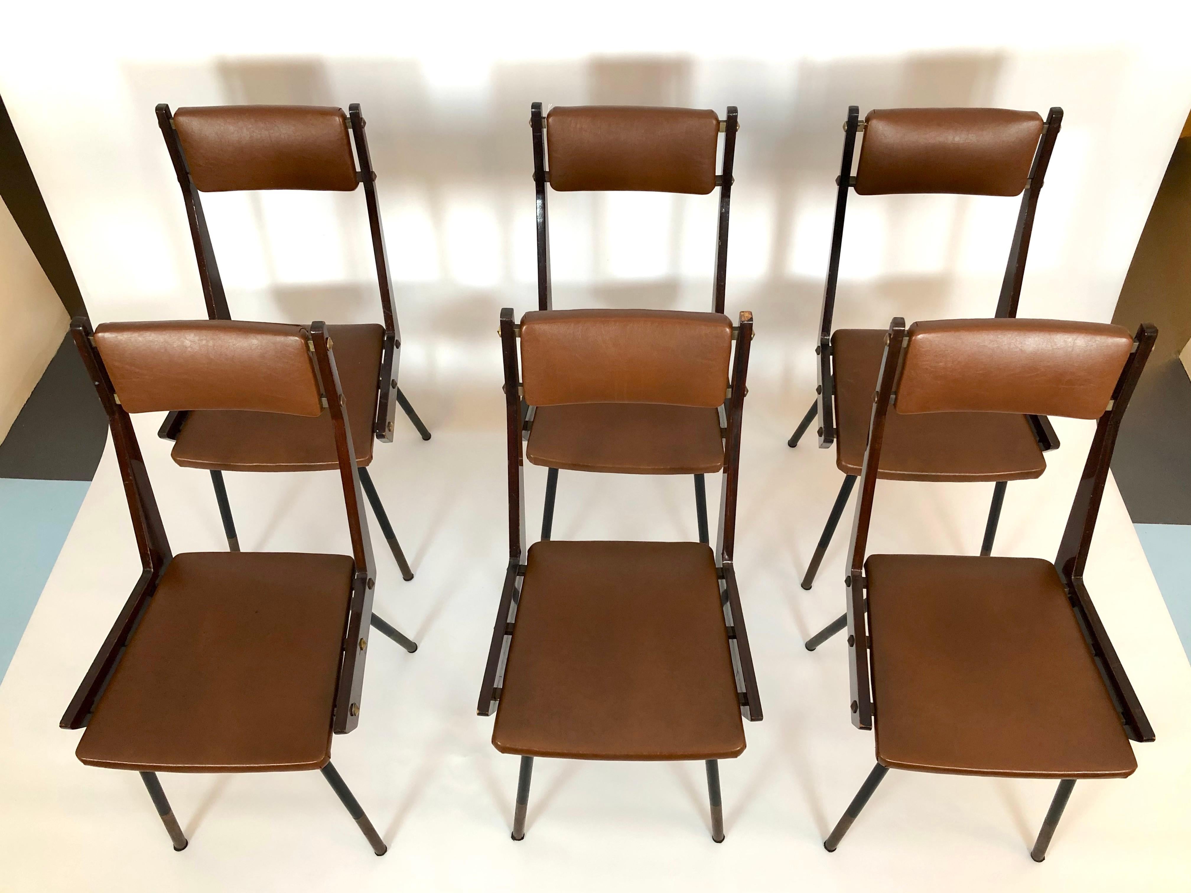 Carlo Ratti, set of six wood and metal dining chairs from 50s In Good Condition In Catania, CT
