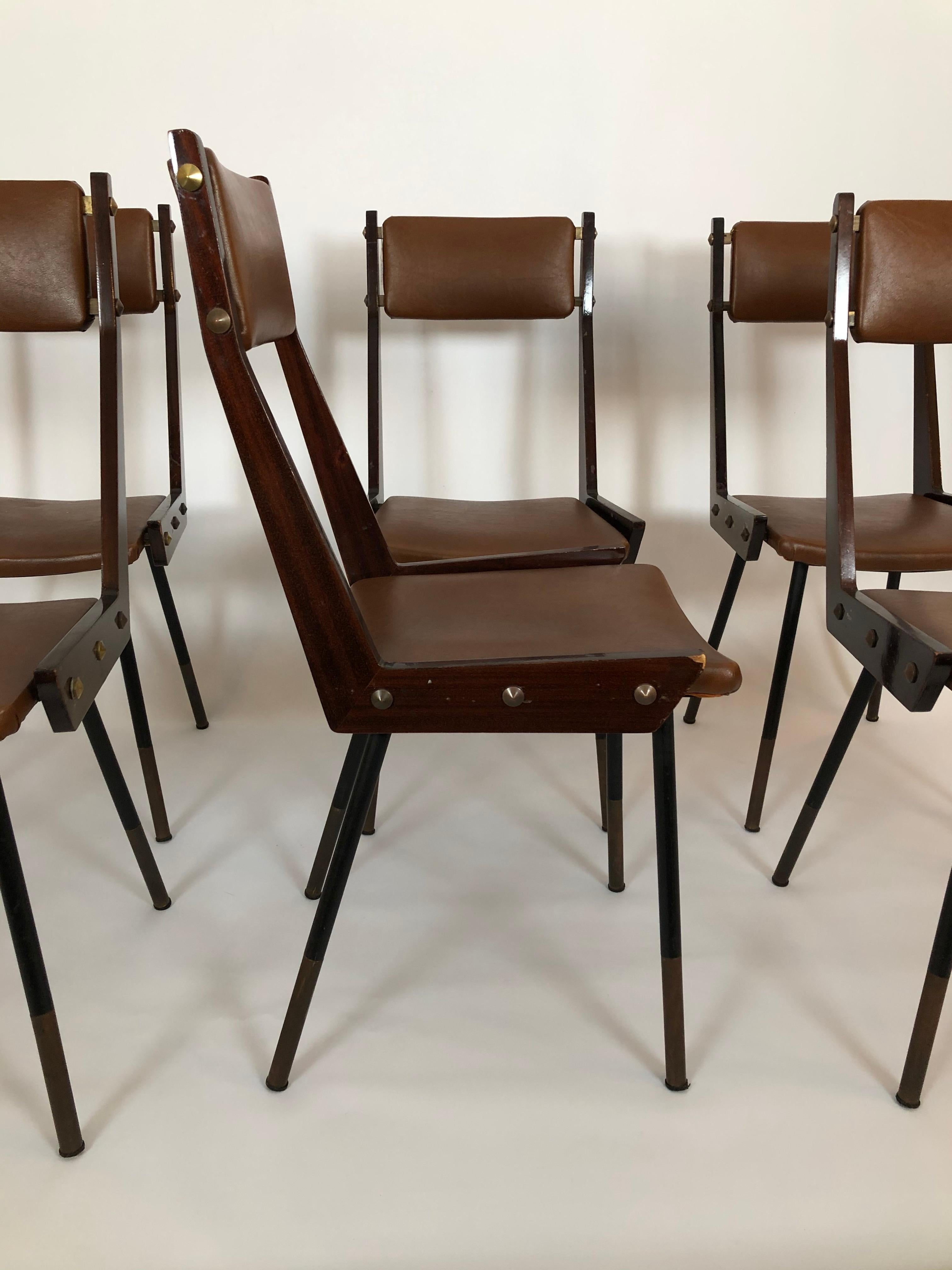 20th Century Carlo Ratti, set of six wood and metal dining chairs from 50s
