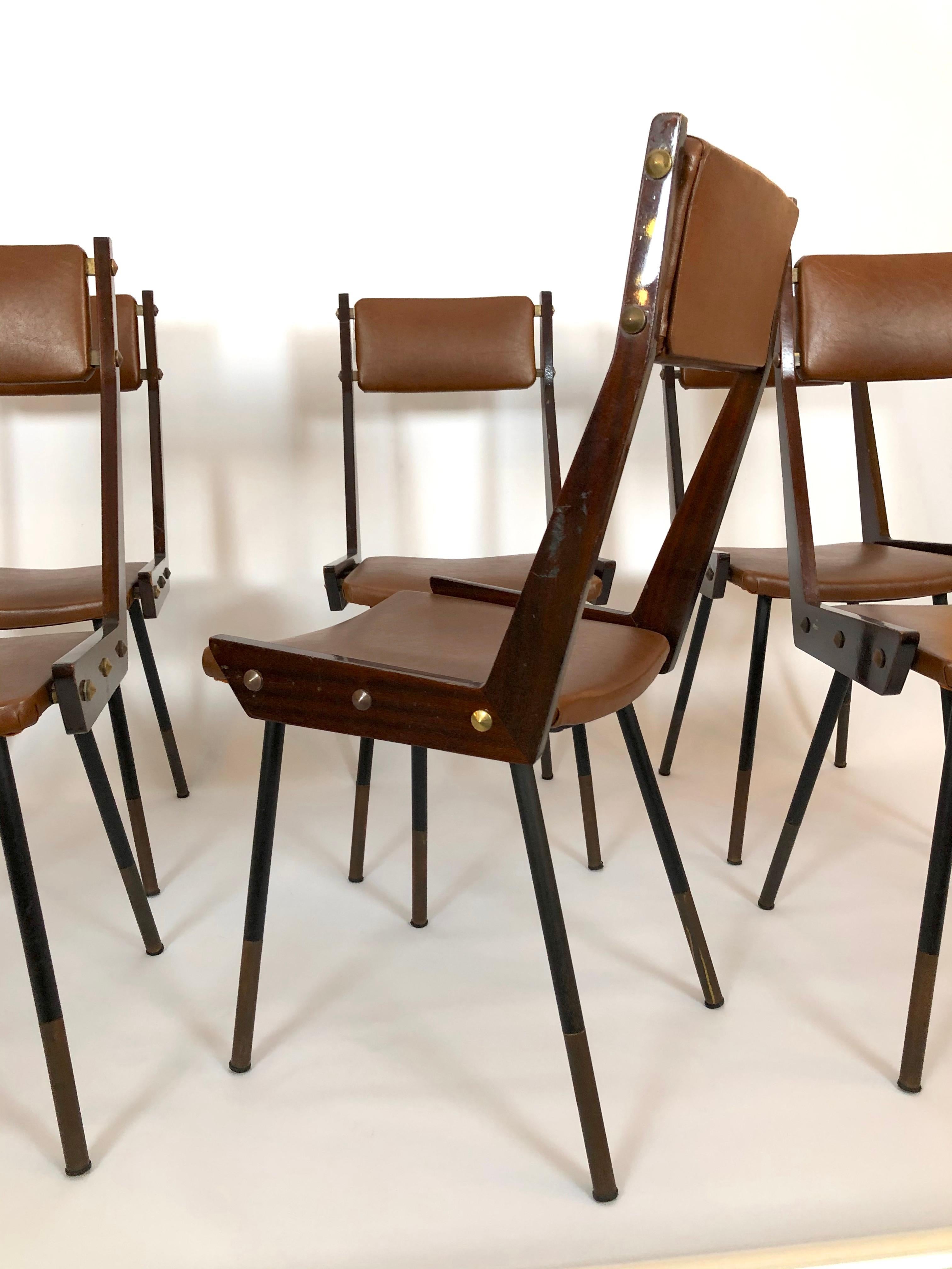 Carlo Ratti, set of six wood and metal dining chairs from 50s 1