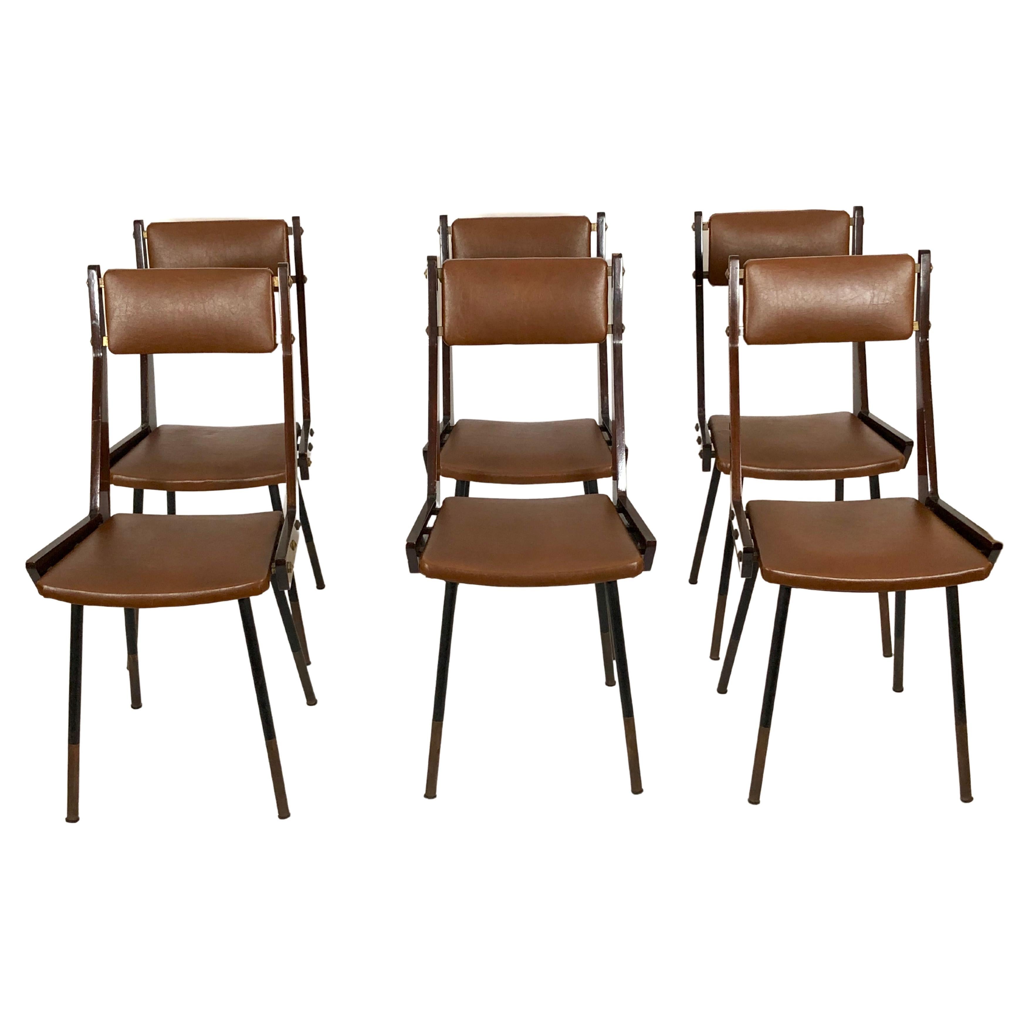 Carlo Ratti, set of six wood and metal dining chairs from 50s
