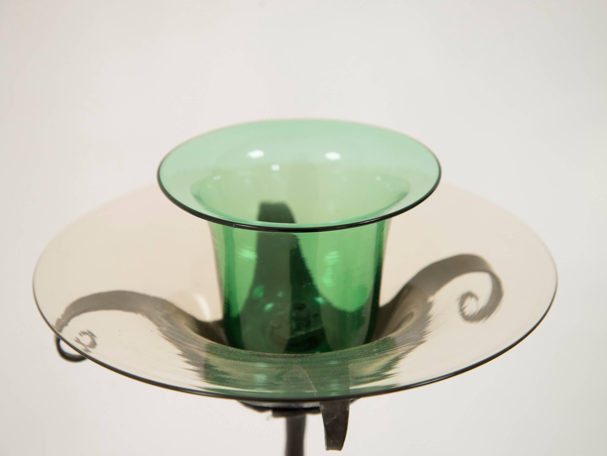 Carlo Rizzarda
Pair of candleholder
Wrought iron, tinted green glass
Italy, circa 1950.
 