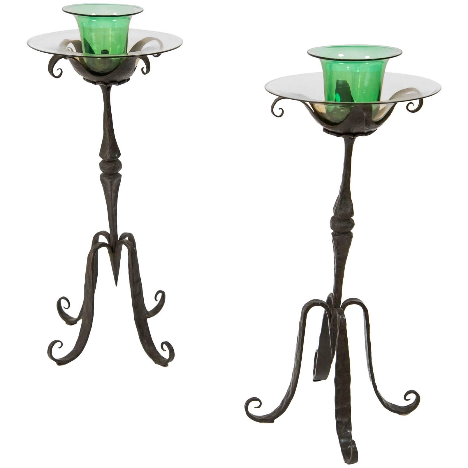 Carlo Rizzarda, Pair of Candleholder, Wrought Iron and Glass, Italy, circa 1900 For Sale