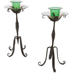 Antique Carlo Rizzarda, Pair of Candleholder, Wrought Iron and Glass, Italy, circa 1900