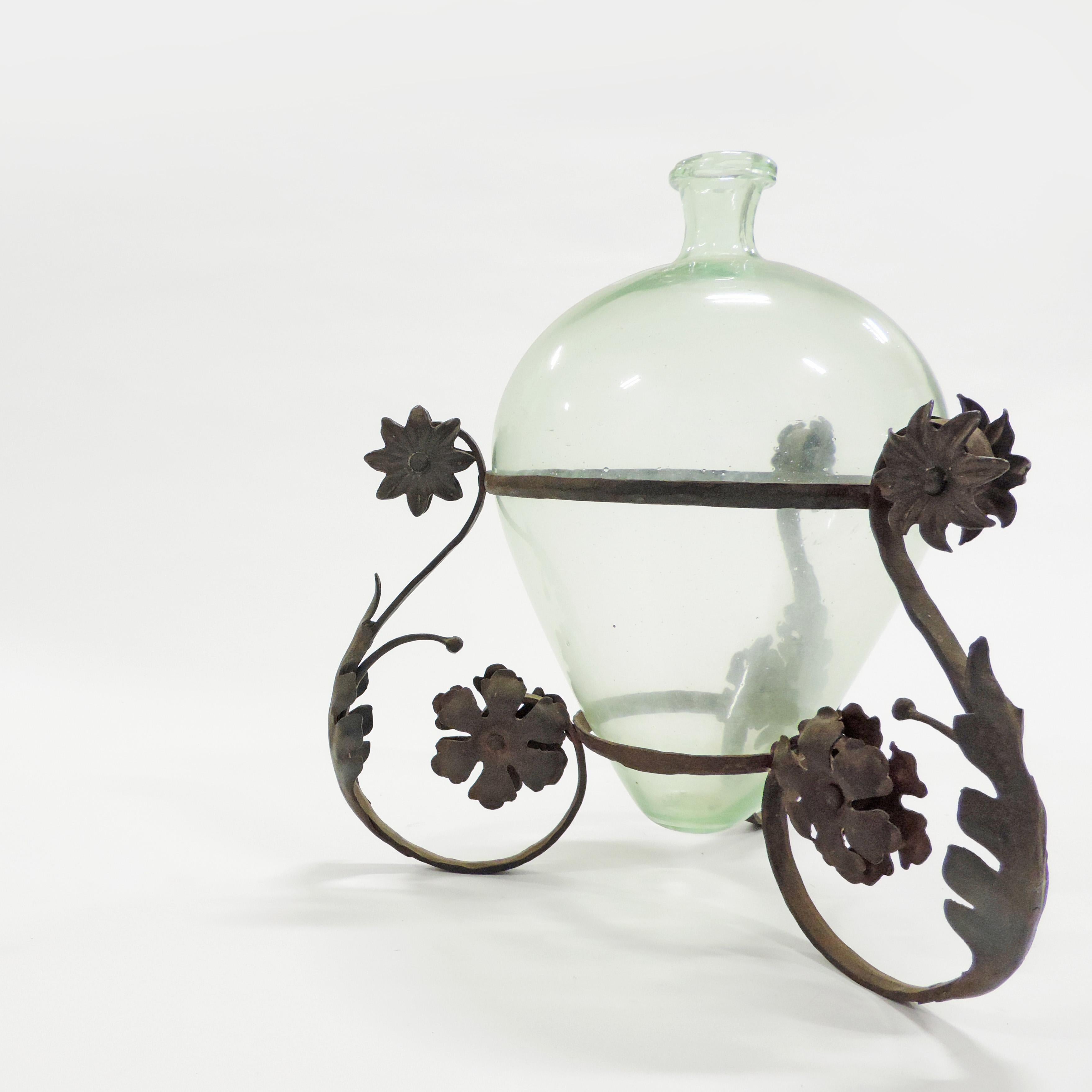 Italian Carlo Rizzarda Wrought Iron and Blown Murano Glass Vase, Italy, 1920s