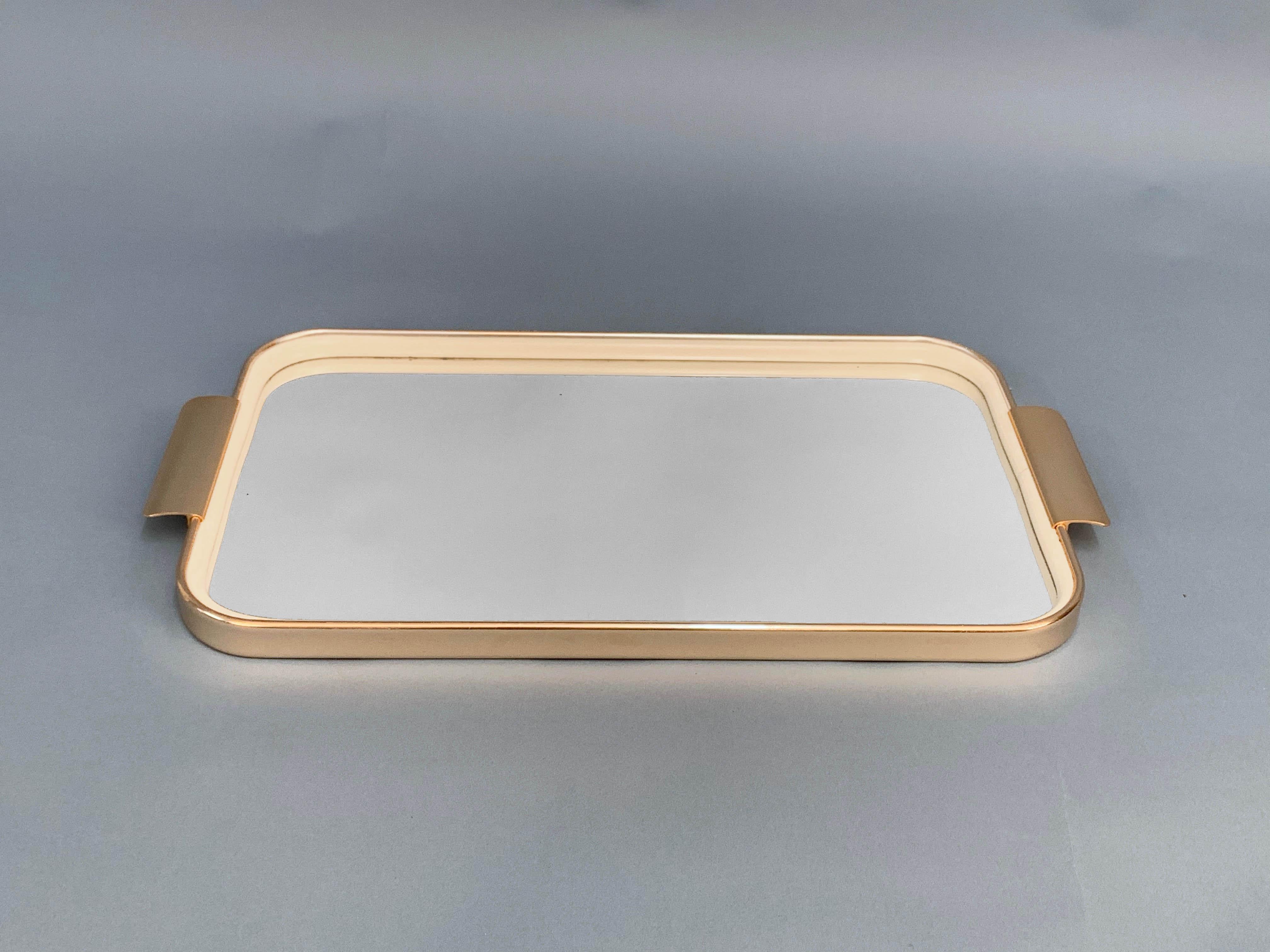 Carlo Scarpa Midcentury Gilt Aluminum Italian Serving Tray with Mirror Top 1960s In Good Condition In Roma, IT