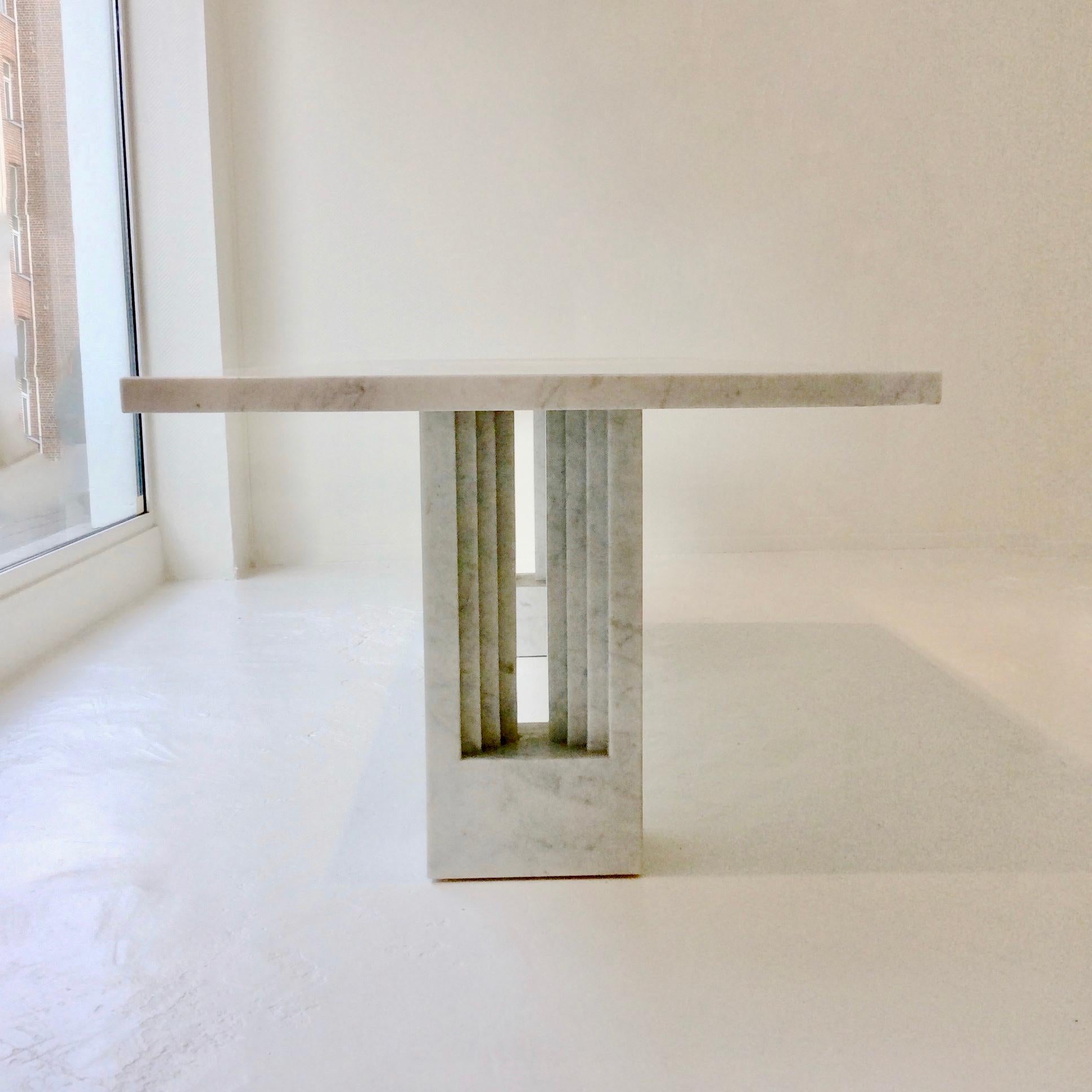 Carlo Scarpa & Marcel Breuer Delfi marble table, circa 1970, Italy.
Carrara marble. 
Rare size, made on order ( standard size is 220 cm long , here 240 cm long ).
Dimensions: 240 cm W, 90 cm D, 75 cm H.
First original edition, from a private belgium