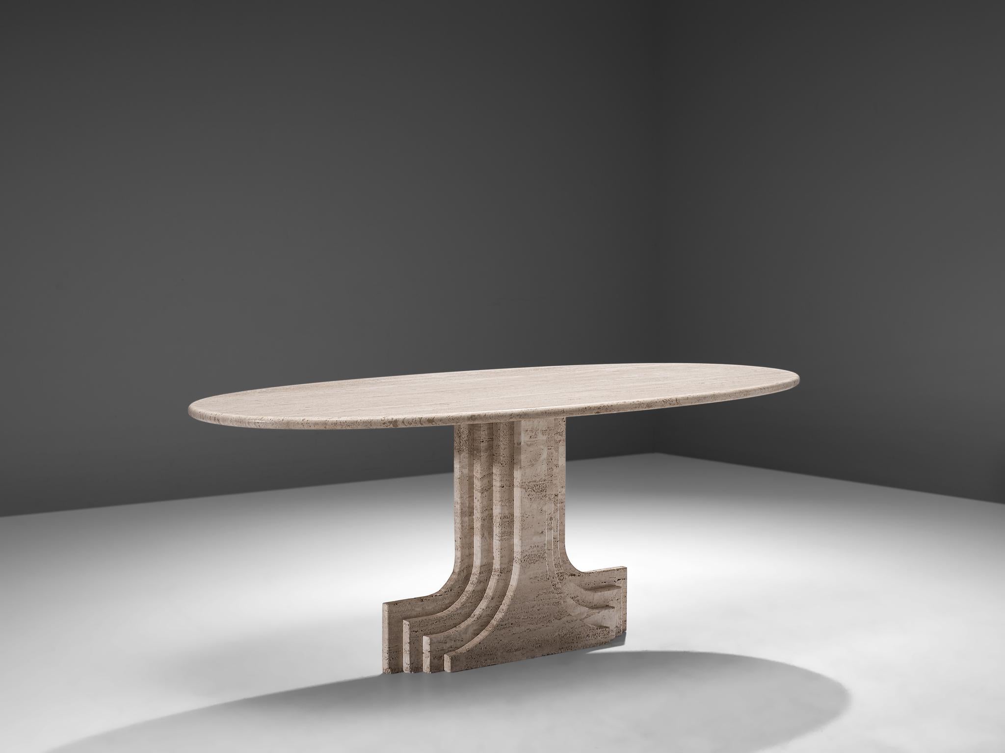 Carlo Scarpa reeditioned by Simon, 'Argo' table, travertine, Italy, 1985.

The base of the table is formed out of a pillar that seems to be built up of several pillars in a row, clearly a reference to the architectural influence that Scarpa is