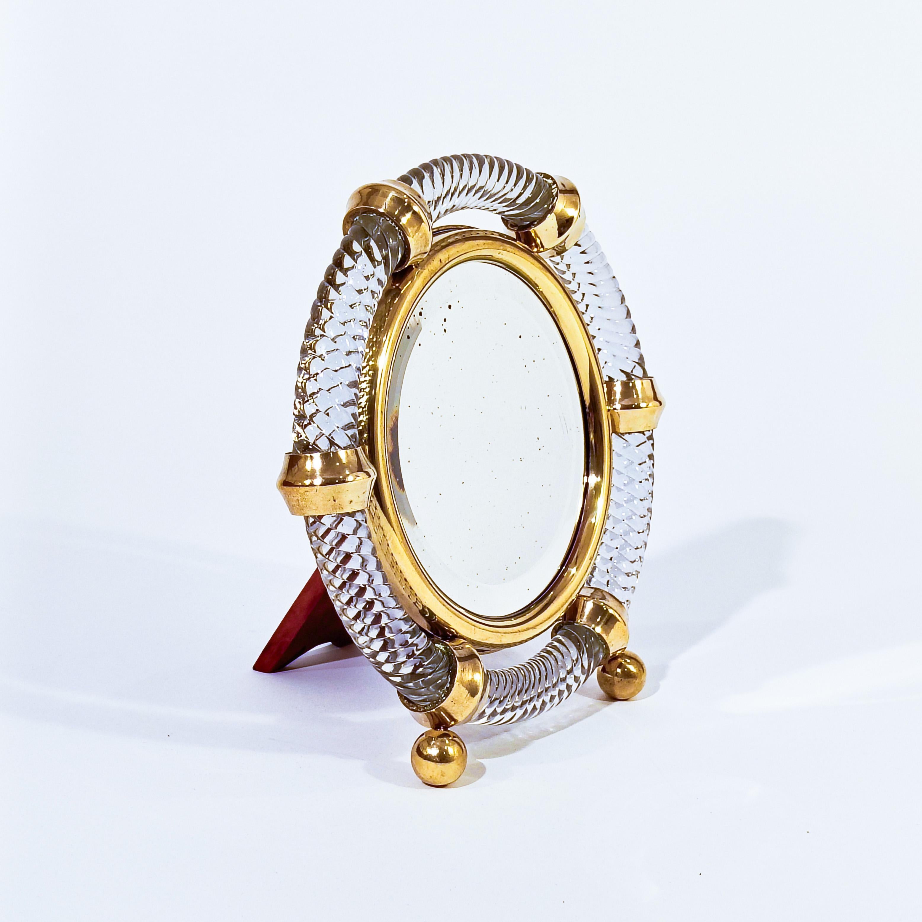 Miroir de courtoisie Art Déco en verre Murano par Carlo Scarpa pour Venini, Italie, années 1930. Périmètre rond en verre de Murano fait main de style 