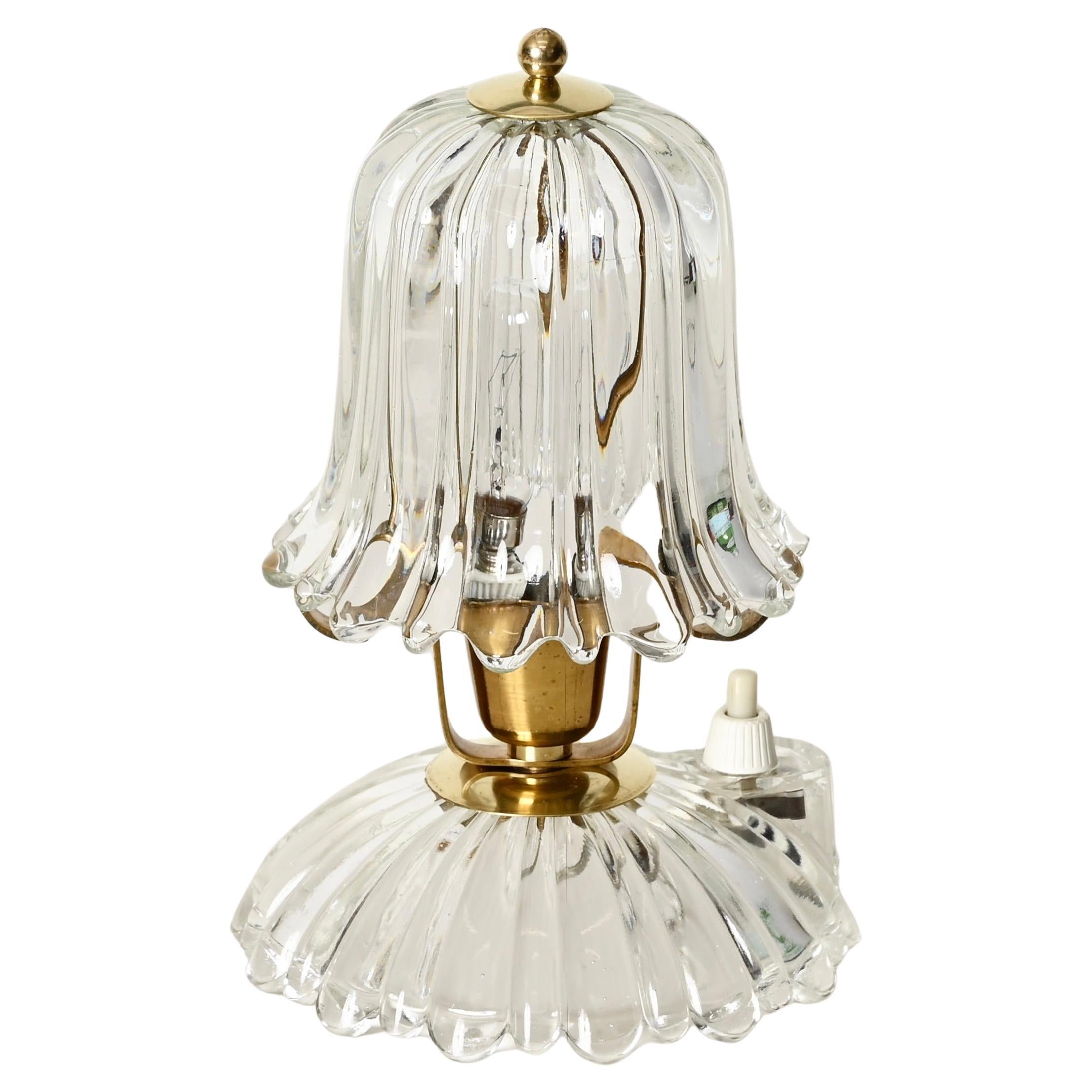 Carlo Scarpa Bell-Flower Murano Glass and Brass Table Lamp, Barovier, Italy 1940