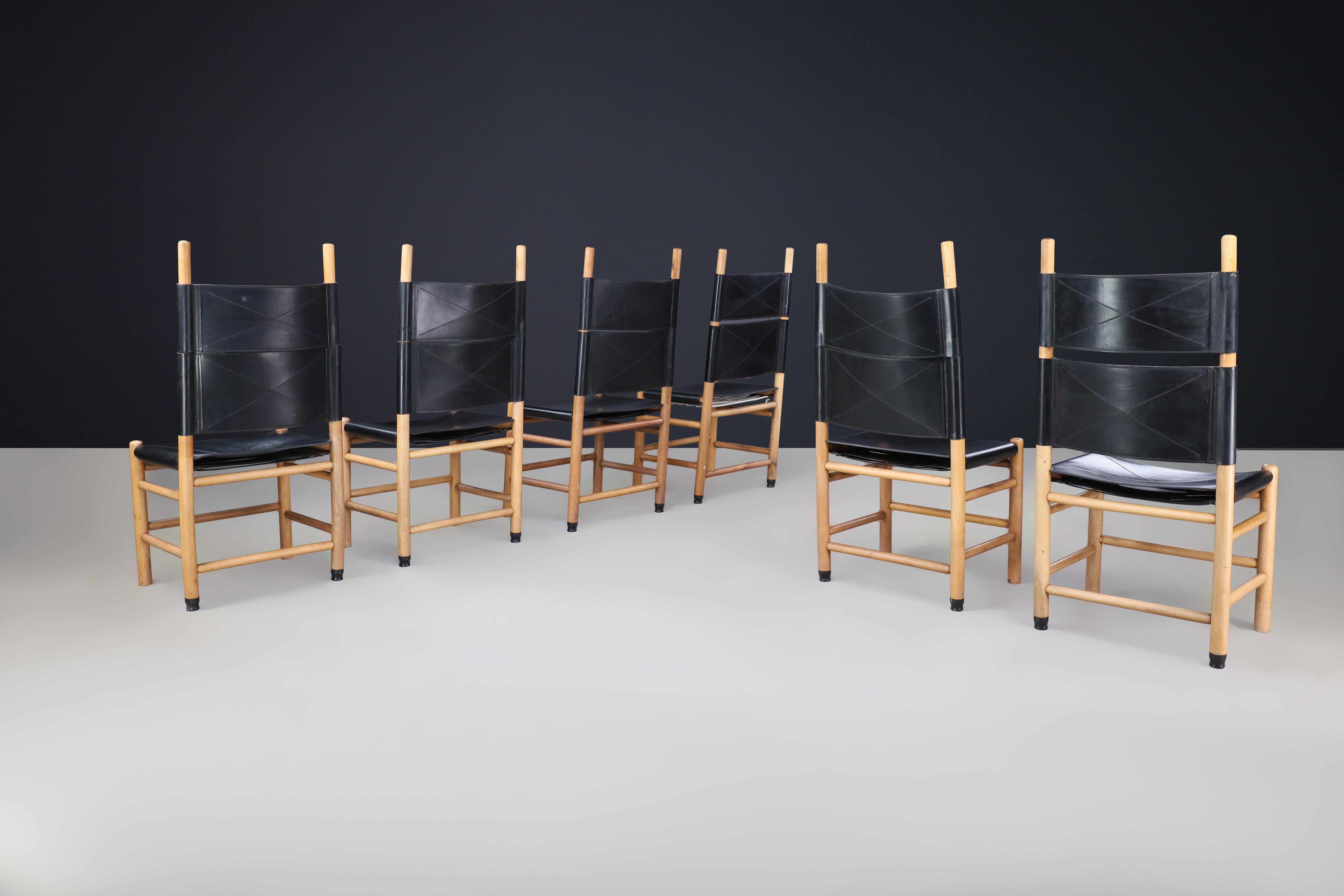 Italian Carlo Scarpa Black Leather Kentucky Dining room Chairs for Bernini, Italy  1977 For Sale