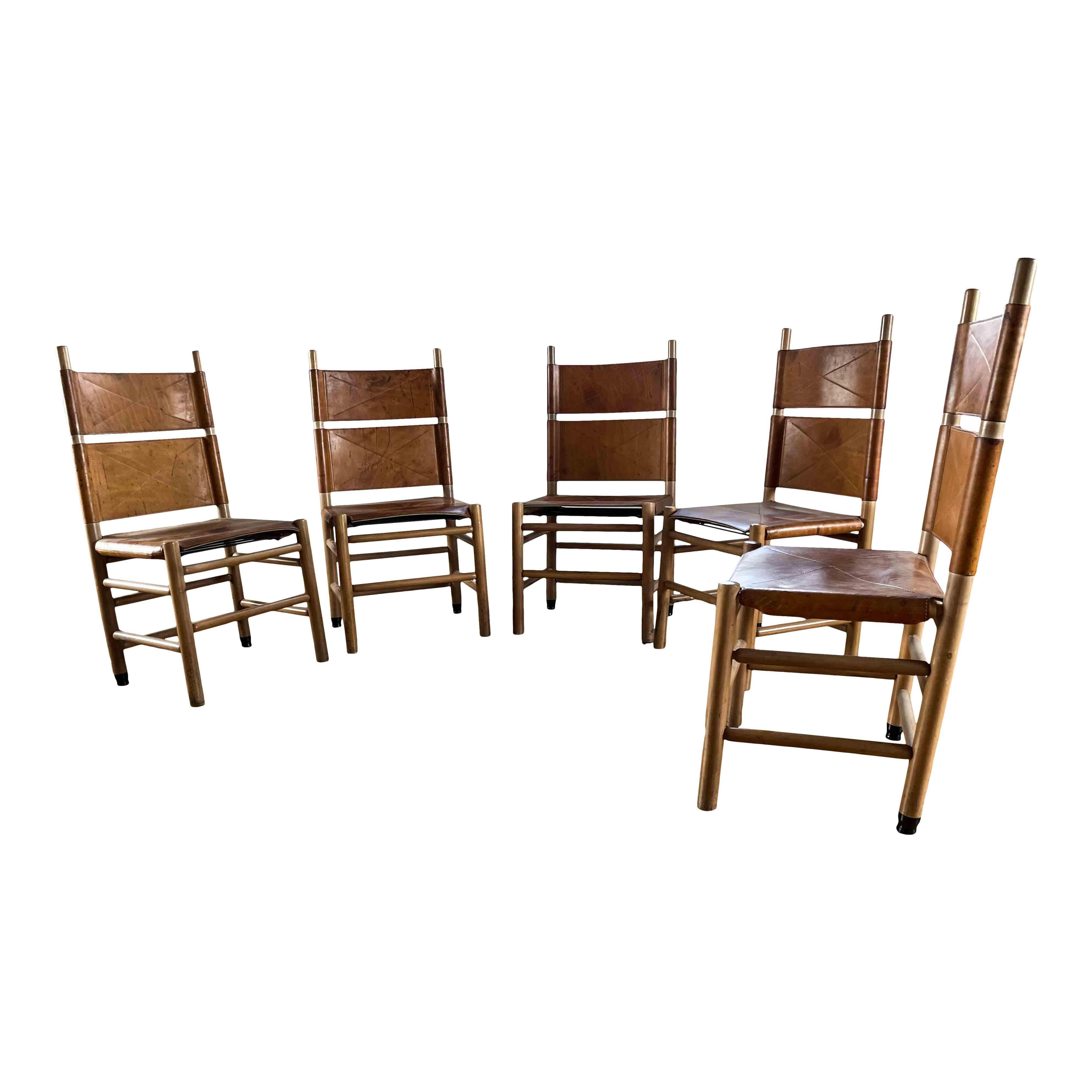 Carlo Scarpa Cognac Leather “Kentucky” Dining Chair for Bernini, 1977, Set of 5 For Sale 1