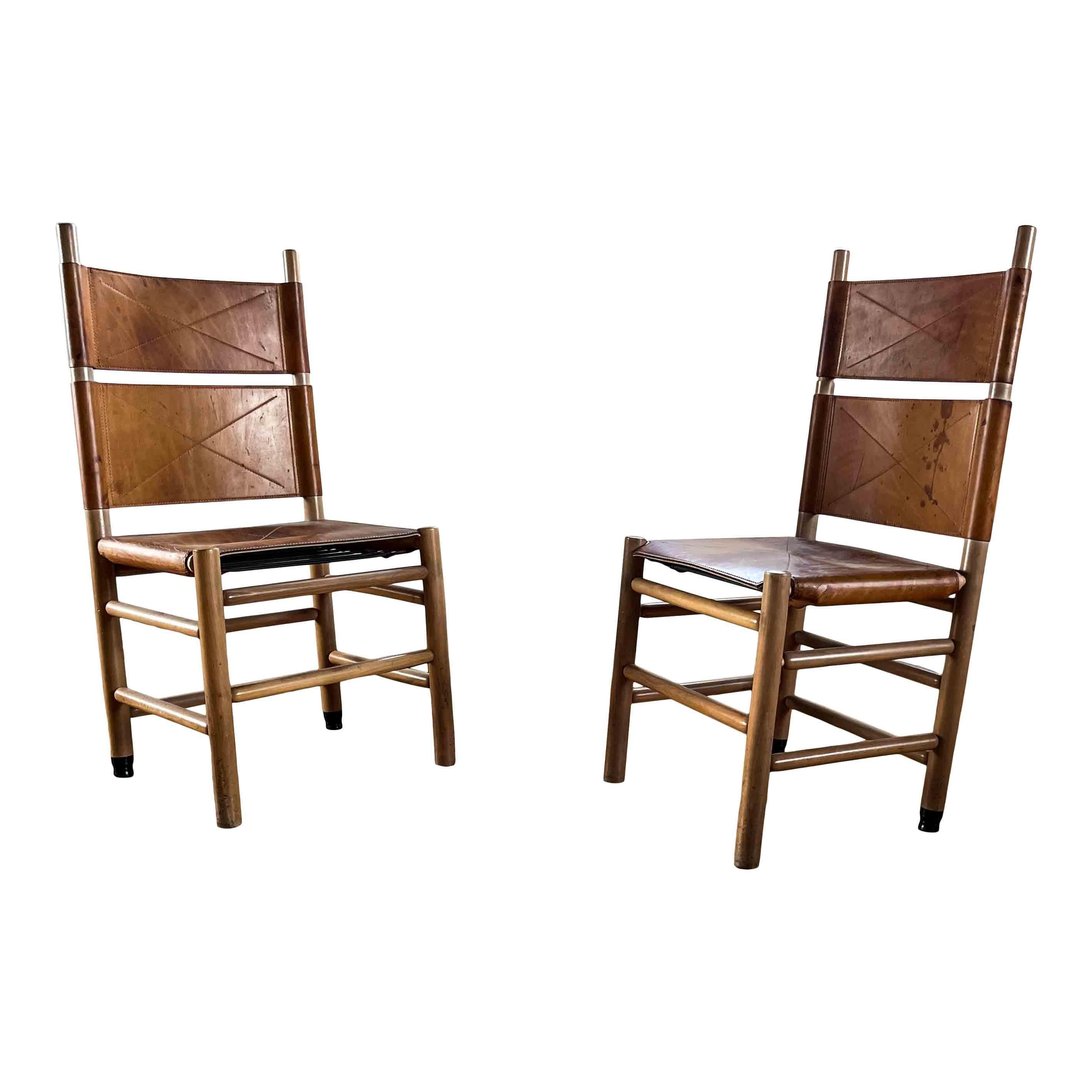 Carlo Scarpa Cognac Leather “Kentucky” Dining Chair for Bernini, 1977, Set of 5 For Sale 7