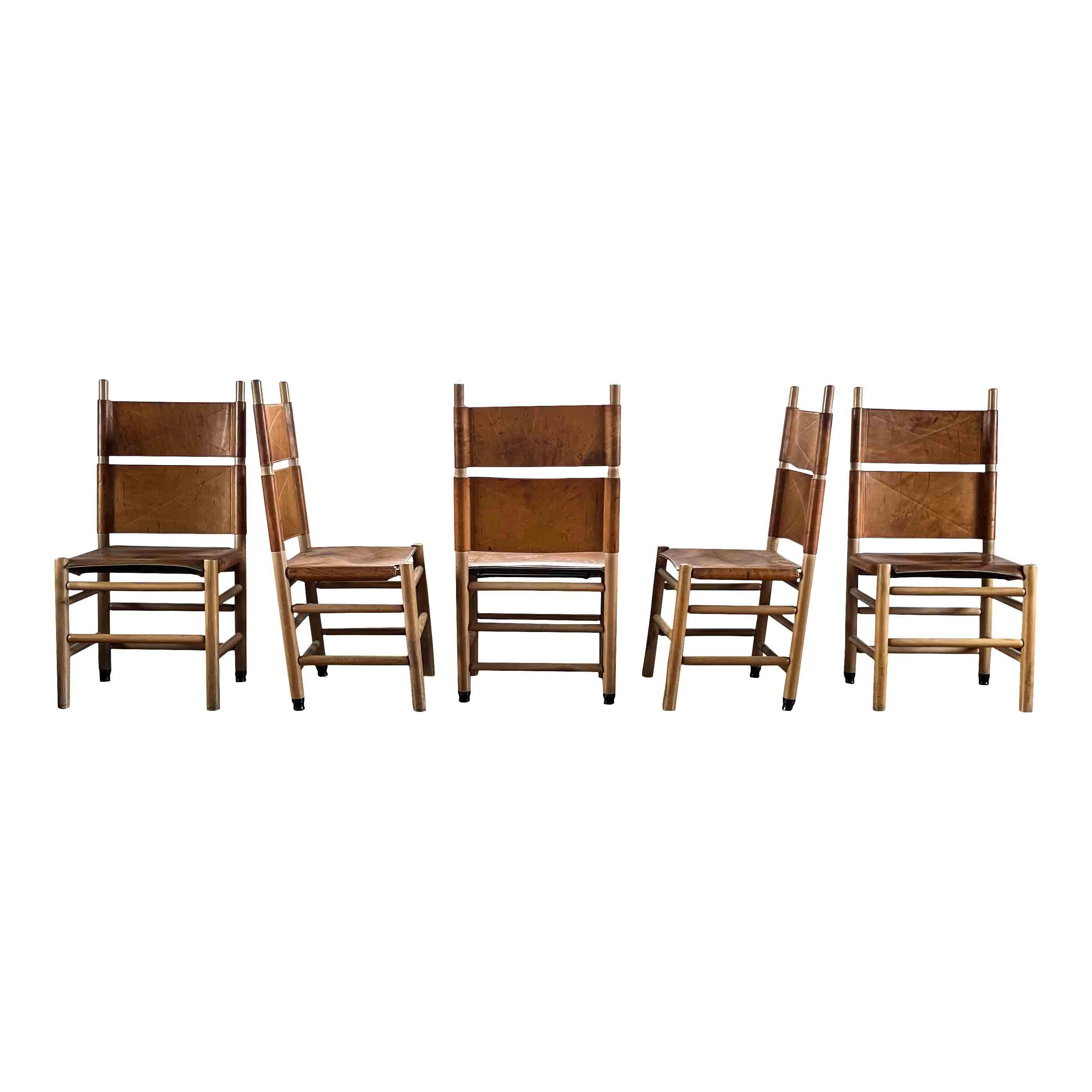 Mid-Century Modern Carlo Scarpa Cognac Leather “Kentucky” Dining Chair for Bernini, 1977, Set of 5 For Sale