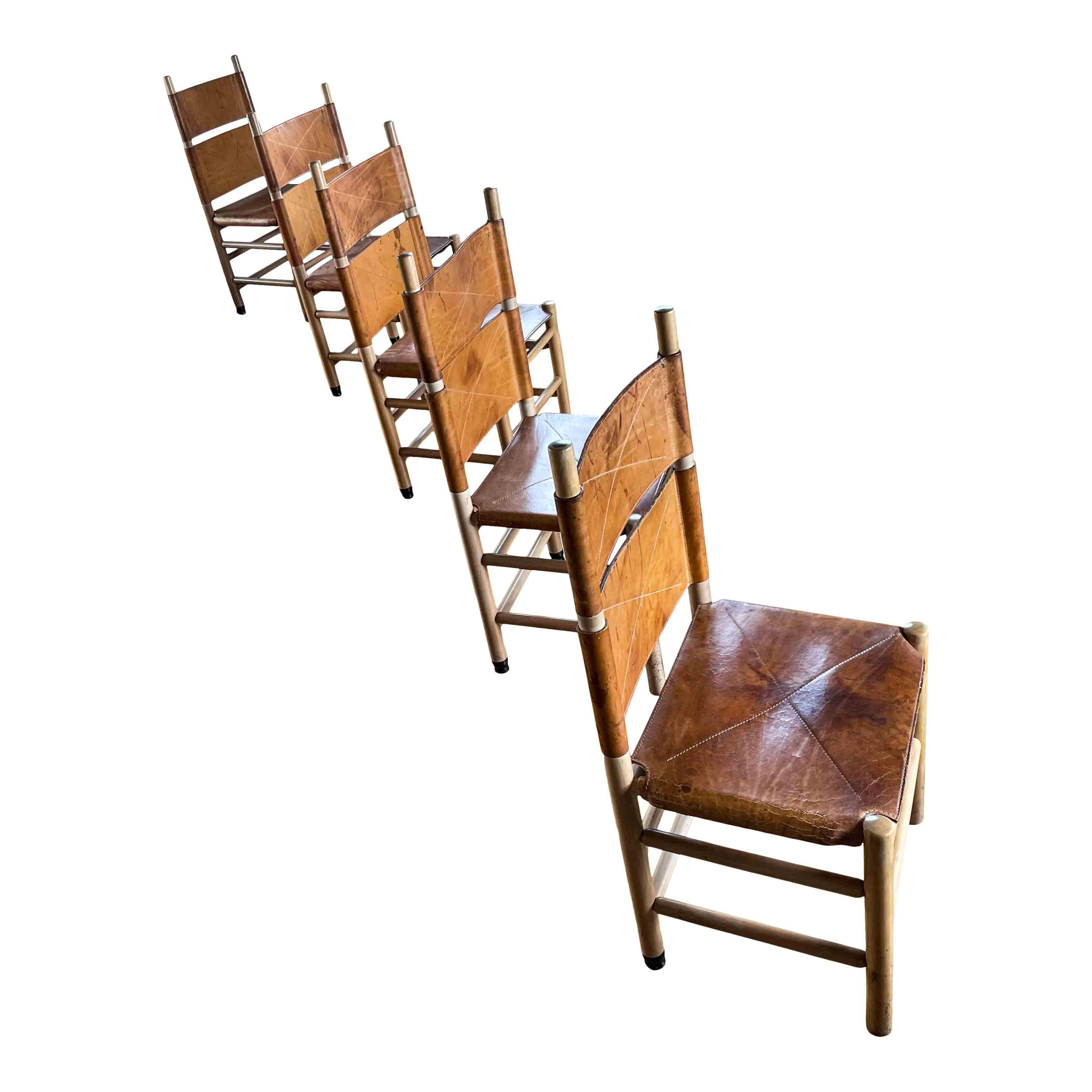 Late 20th Century Carlo Scarpa Cognac Leather “Kentucky” Dining Chair for Bernini, 1977, Set of 5 For Sale