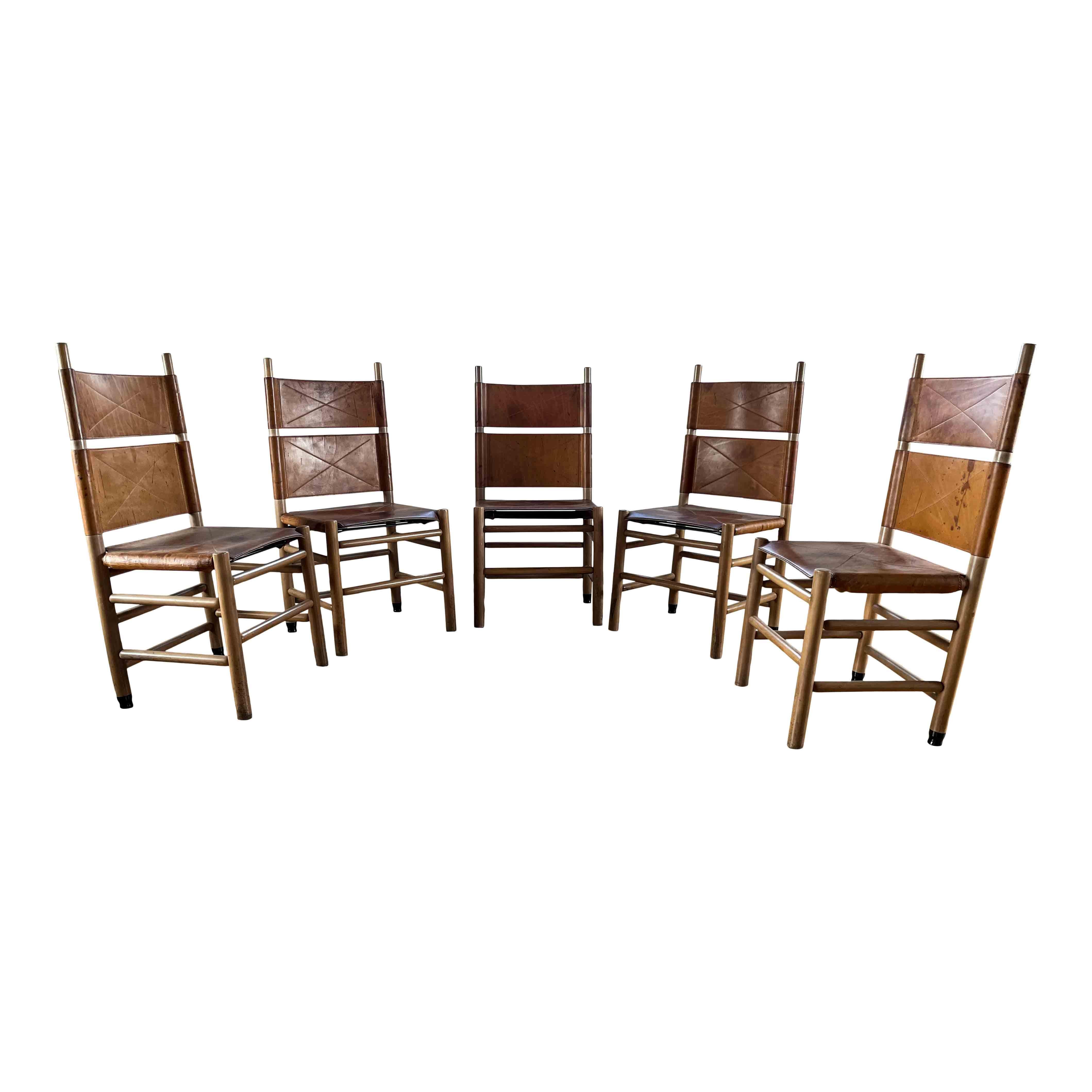 Walnut Carlo Scarpa Cognac Leather “Kentucky” Dining Chair for Bernini, 1977, Set of 5 For Sale