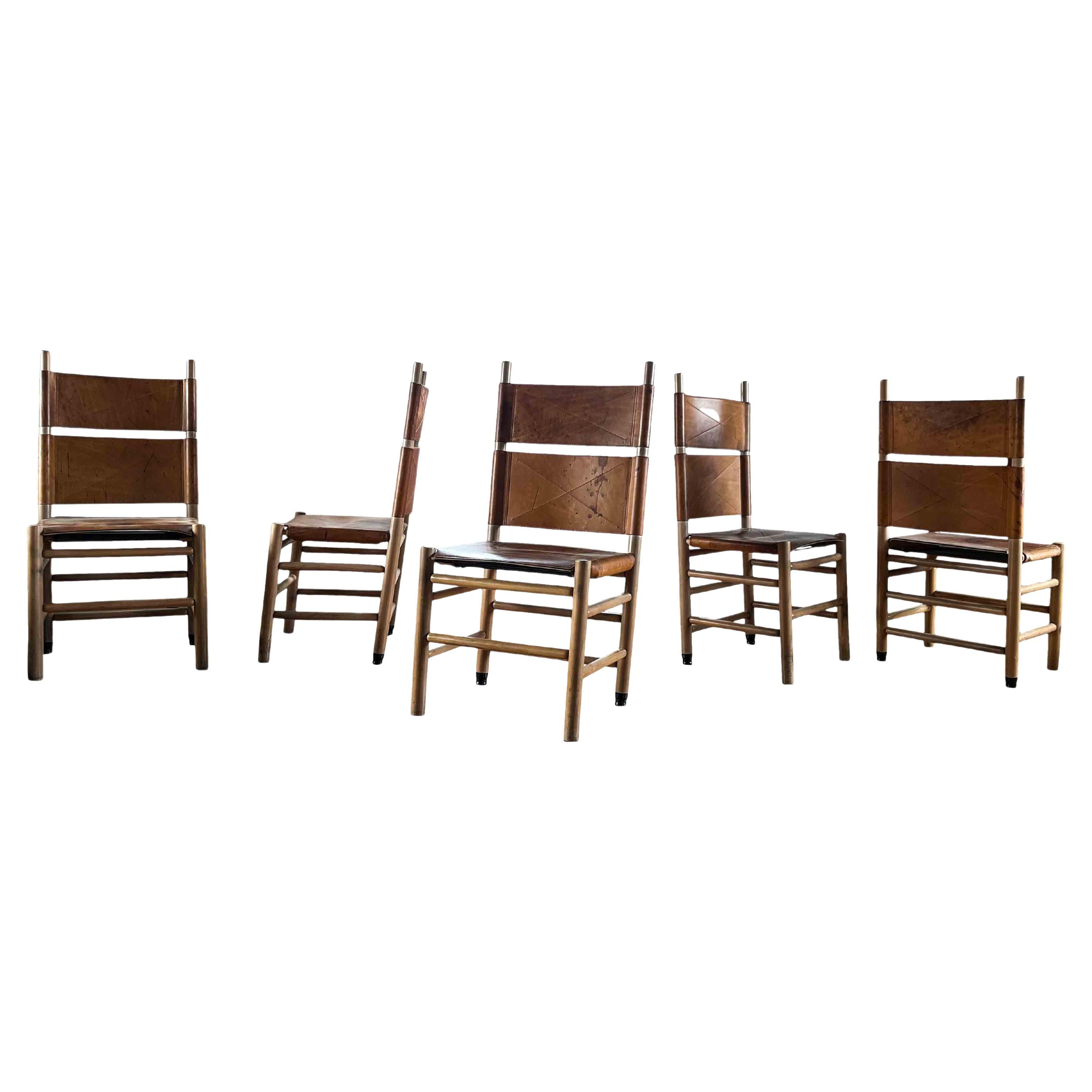 Carlo Scarpa Cognac Leather “Kentucky” Dining Chair for Bernini, 1977, Set of 5 For Sale