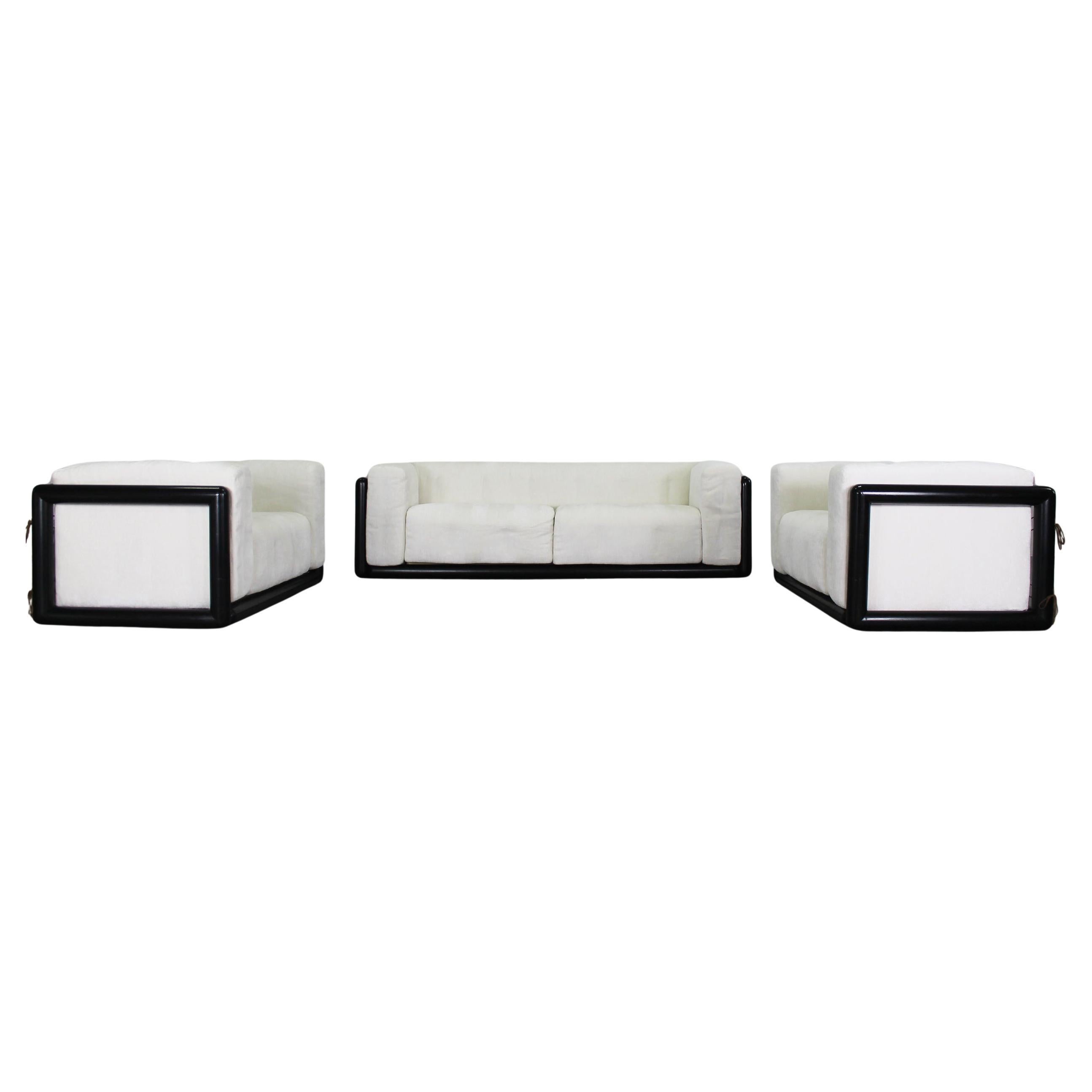Carlo Scarpa Cornaro Living Room Set in Lacquered Wood and Fabric by Gavina 1970 For Sale