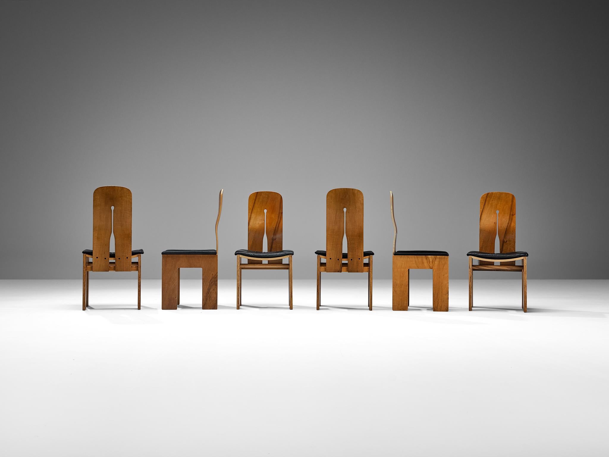 Italian Carlo Scarpa for Bernini Set of Six Dining Chairs in Walnut and Leather