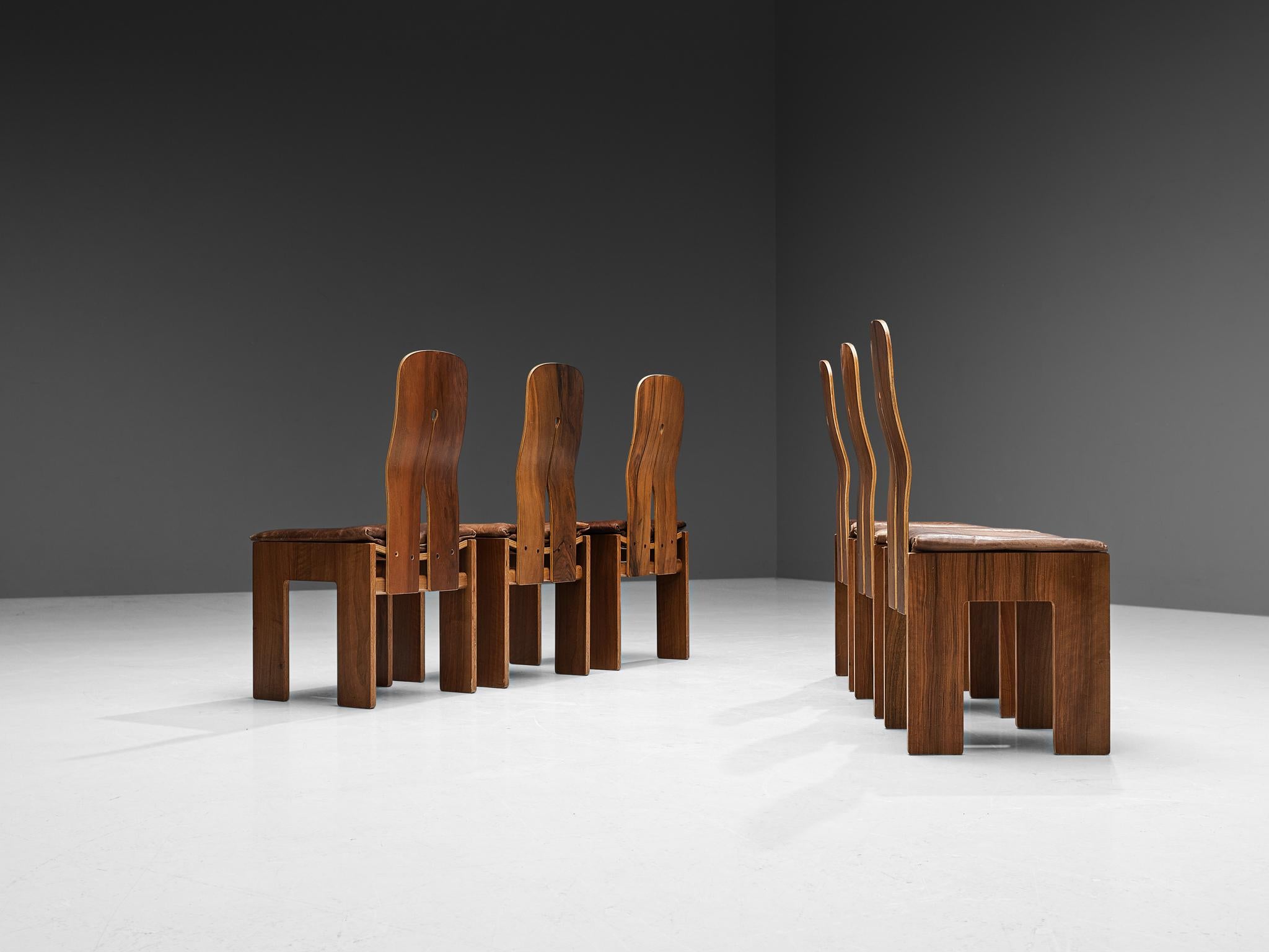Carlo Scarpa for Bernini Set of Six Dining Chairs in Walnut and Leather 2