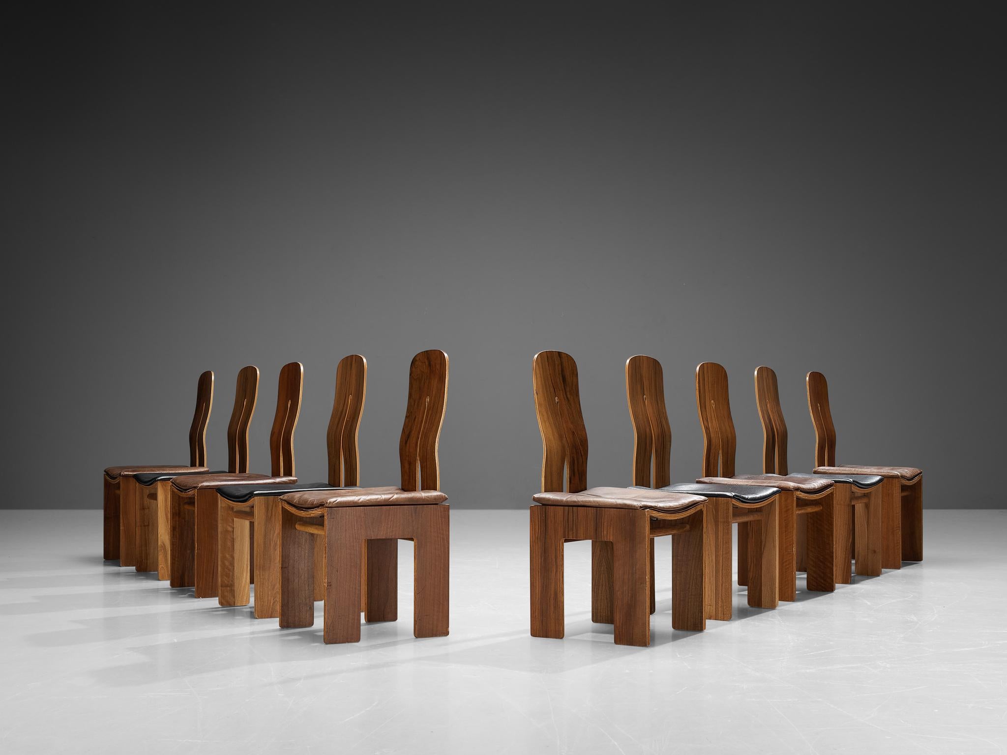 Carlo Scarpa for Bernini Set of Ten Dining Chairs in Walnut and Leather 1