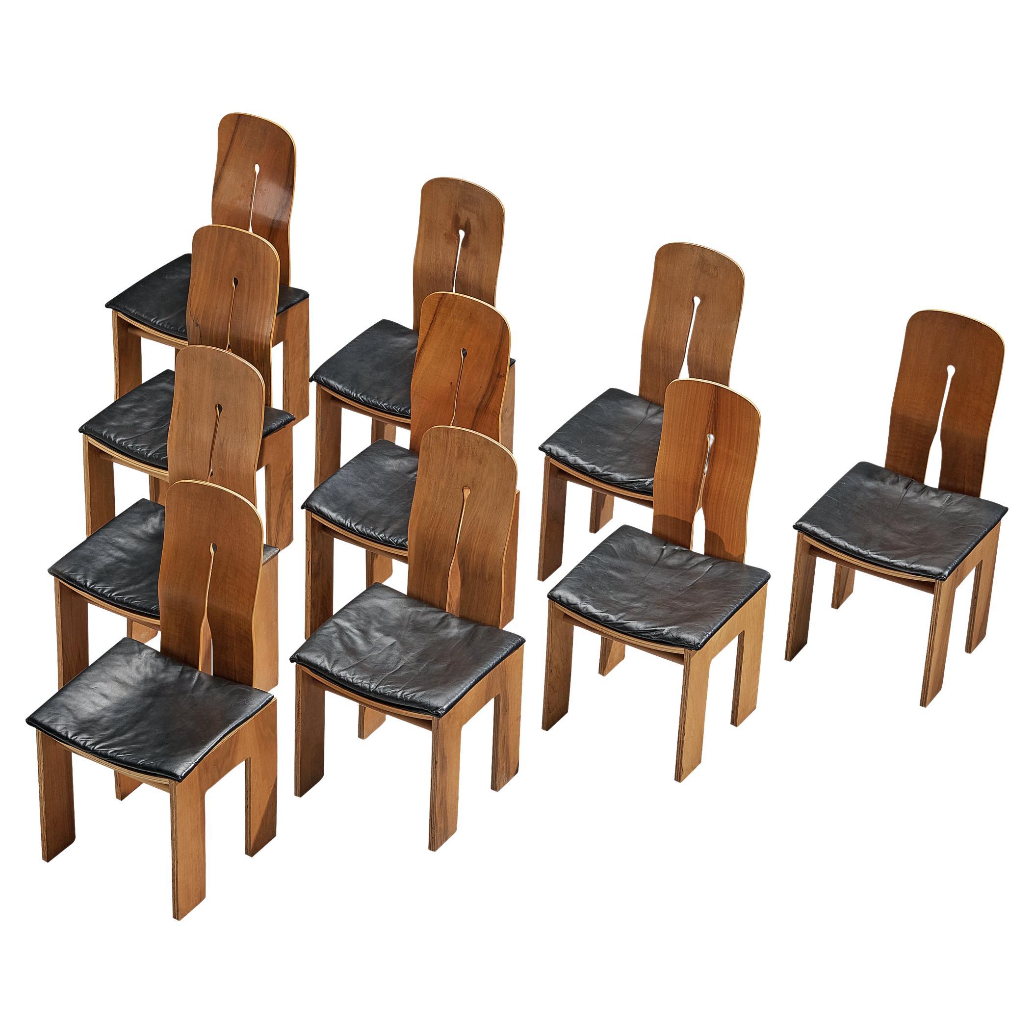 Carlo Scarpa for Bernini Set of Ten Dining Chairs in Walnut and Leather 