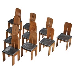 Carlo Scarpa for Bernini Set of Ten Dining Chairs in Walnut and Leather 