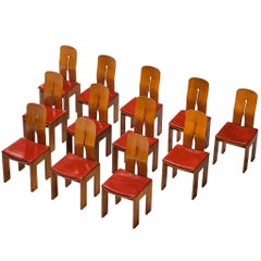 Carlo Scarpa for Bernini Set of Twelve Dining Chairs in Walnut, Burgundy Leather