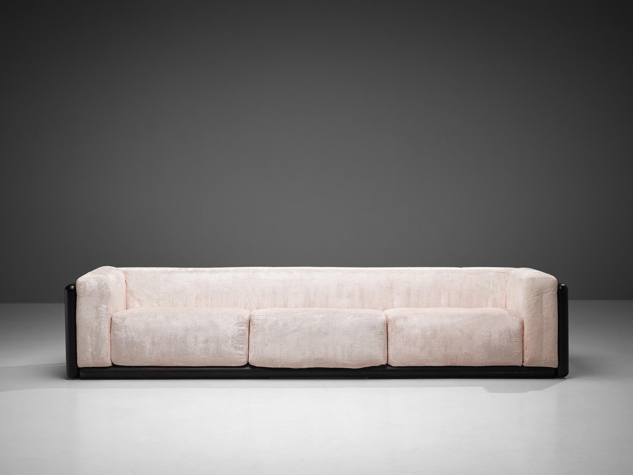 Carlo Scarpa for Simon Collezione, 'Cornaro' sofa, velvet fabric, stained mahogany, Italy, 1973 

The 'Cornaro' sofa by Carlo Scarpa is a perfect example of the Ultrarazionale style; breaking away from the strict limits of Rationalism, resulting in